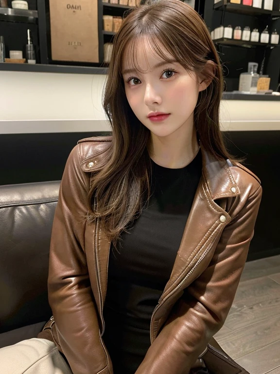 (masuter piece:1.3)、(8K、Photorealsitic、Raw photography、top-quality: 1.4)、(1girl in)、美丽的面容、(Lifelike face)、(Brown hair、long:1.3)、Beautiful hairstyle、realistic eyes beautiful details、（real looking skin）、Beautiful skins、enticing、超A high resolution、A hyper-realistic、high-detail、the golden ratio,Best Quality, masutepiece, 超A high resolution, (Photorealistic:1.4), Raw photo, 1girl in, gros-plan, At the Coffey Shop, deepshadow, Dark theme, Sitting down, Leather jacket,