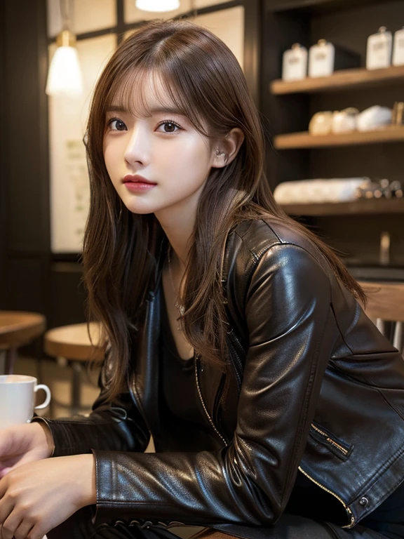 (masuter piece:1.3)、(8K、Photorealsitic、Raw photography、top-quality: 1.4)、(1girl in)、美丽的面容、(Lifelike face)、(Brown hair、long:1.3)、Beautiful hairstyle、realistic eyes beautiful details、(real looking skin)、Beautiful skins、enticing、超A high resolution、A hyper-realistic、high-detail、the golden ratio,Best Quality, masutepiece, 超A high resolution, (Photorealistic:1.4), Raw photo, 1girl in, gros-plan, At the Coffey Shop, deepshadow, Dark theme, Sitting down, Leather jacket,