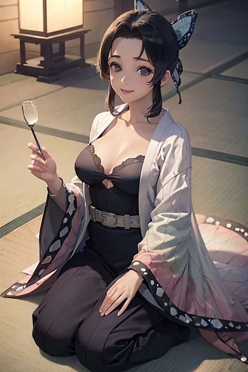 (Photorealsitic:1.4), (Top image quality:1.0), (超A high resolution:1.0), 8K, Raw photography, (masterpiece:0.2), (pureerosface_v1:0.5)、(Best Quality Detail:1.2)、realisitic、8K UHD、hight resolution、(1girl in:1.2)、The ultra-detailliert、High quality textures、intricate detailes、detaileds、Very detailed CG、High quality shadows、Detail Beautiful delicate face、Detail Beautiful delicate eyes、depth of fields、Ray traching,1girl in, japanaese girl, Cute, slender, Black kimono, Kimono with Japanese pattern,Floral scrunchie, Beautiful skin, Facing the front,Sit down, Sit upright and say thank you,Align your hands elegantly,Smile faintly The Land of Japan,Japanese garden,Luxury Japanese-style room, skyporn, Magic Hour, (Realistic:1.3), Finely detailed, quality, (masutepiece:1.2), (Photorealistic:1.2), (Best Quality), (Intricate details), Dramatic, Ray tracing, photograph, +Lola