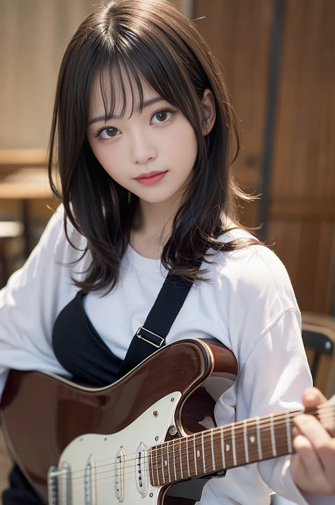 finely detail, hight resolution, hightquality、Perfect dynamic composition, Beautiful detailed eyes, A dark-haired、Longhaire, small tits、Natural Color Lip,Kamimehibuya、20 years girl、1 persons、Transparent skin、Glowing hair、A smile、masutepiece, Best Quality, Illustration, Ultra-detailed, finely detail, hight resolution, 8K、The correct state of the human body、Gravure Model Pose,Hair soaring in the wind、(holding an electric guitar)、(white shirt)
