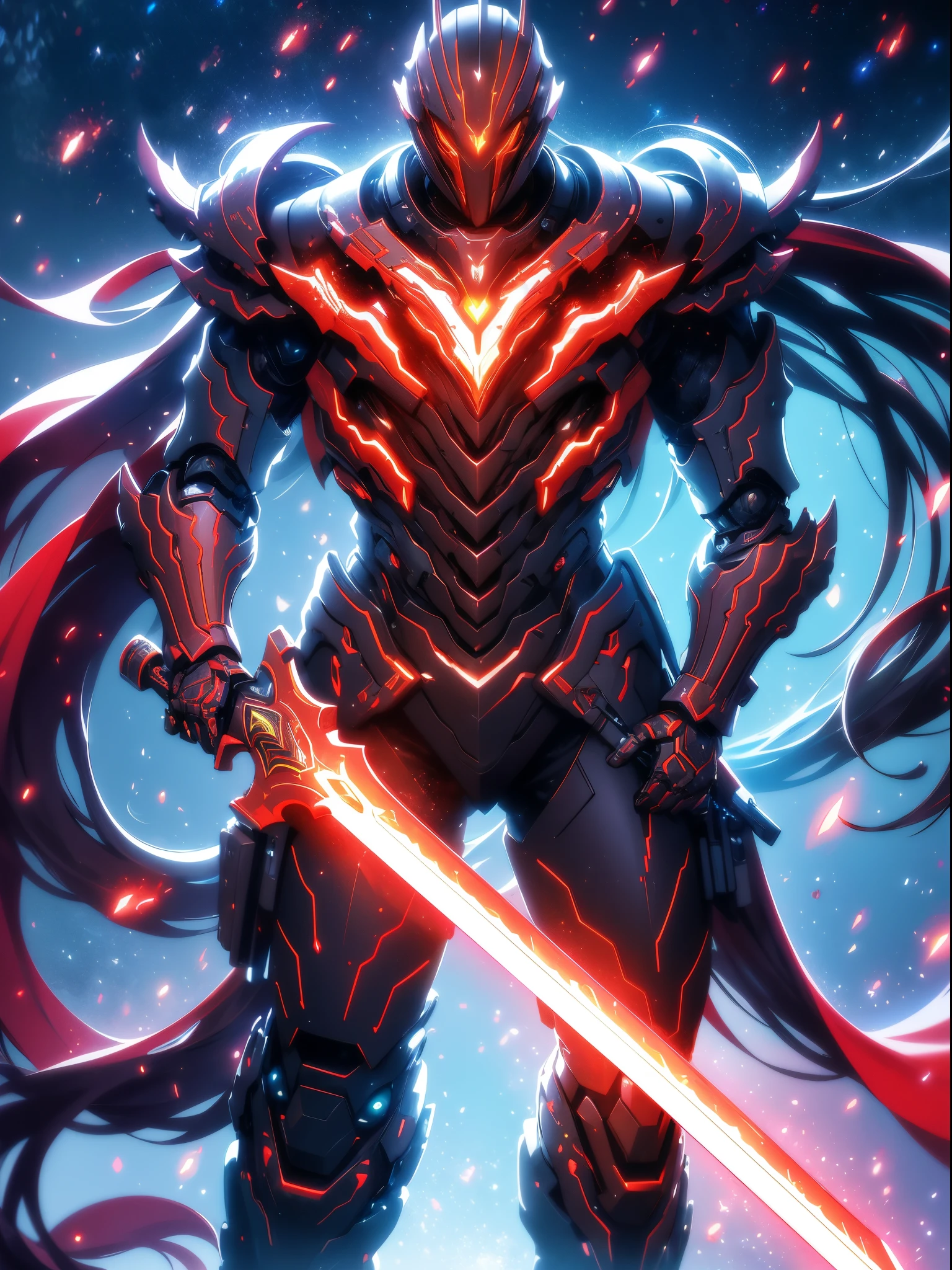 masterpiece, best quality, realistic,shiny,reflective,bioluminic, galactic cybernetic mask,galactic red-green mecha,(assassin:1.2), Robotic Knight, killing warrior pose, headdress,holding glowing red long sword,Galaxy,GlowingRunes_red,fullbody,cinemnatic,dark background,backlight,high contrast,