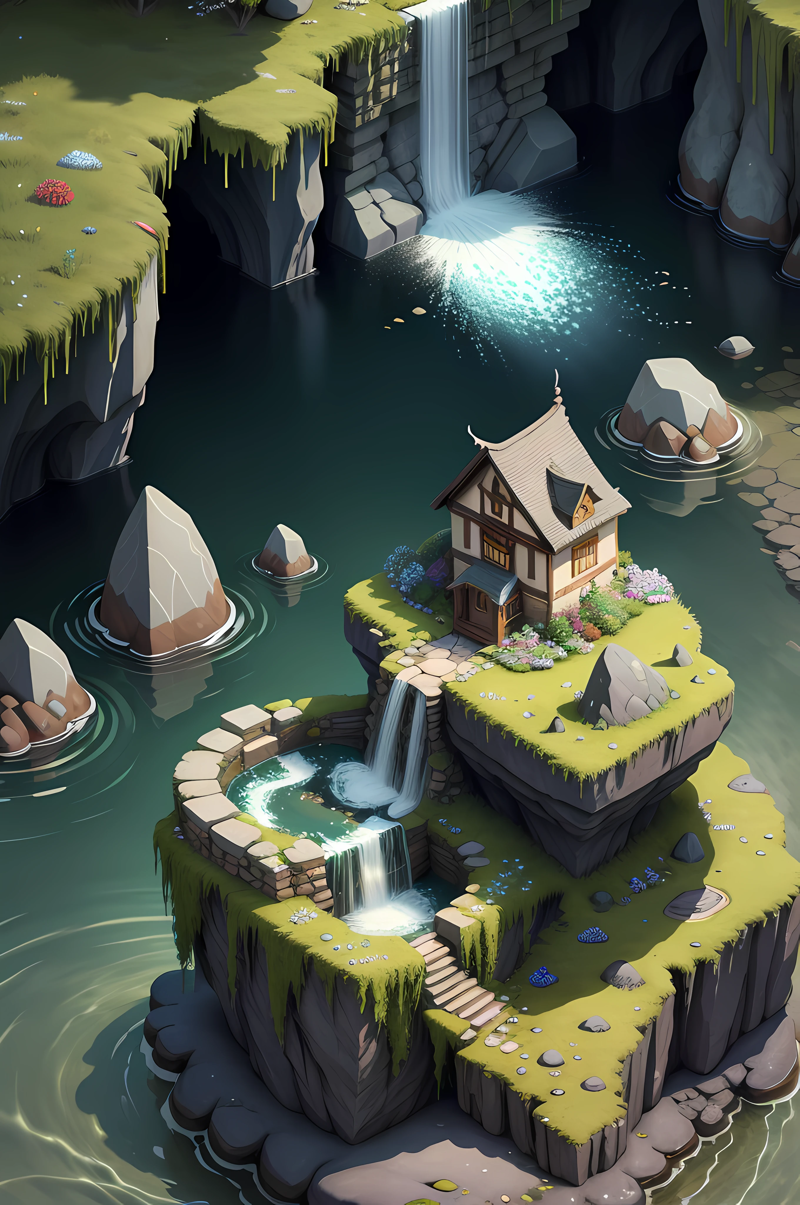 ( background:1.2), (isometric 3d art of floating rock citadel), cobblestone, flowers, verdant, stone, moss, fish pool, (waterfall:1.2), cottage