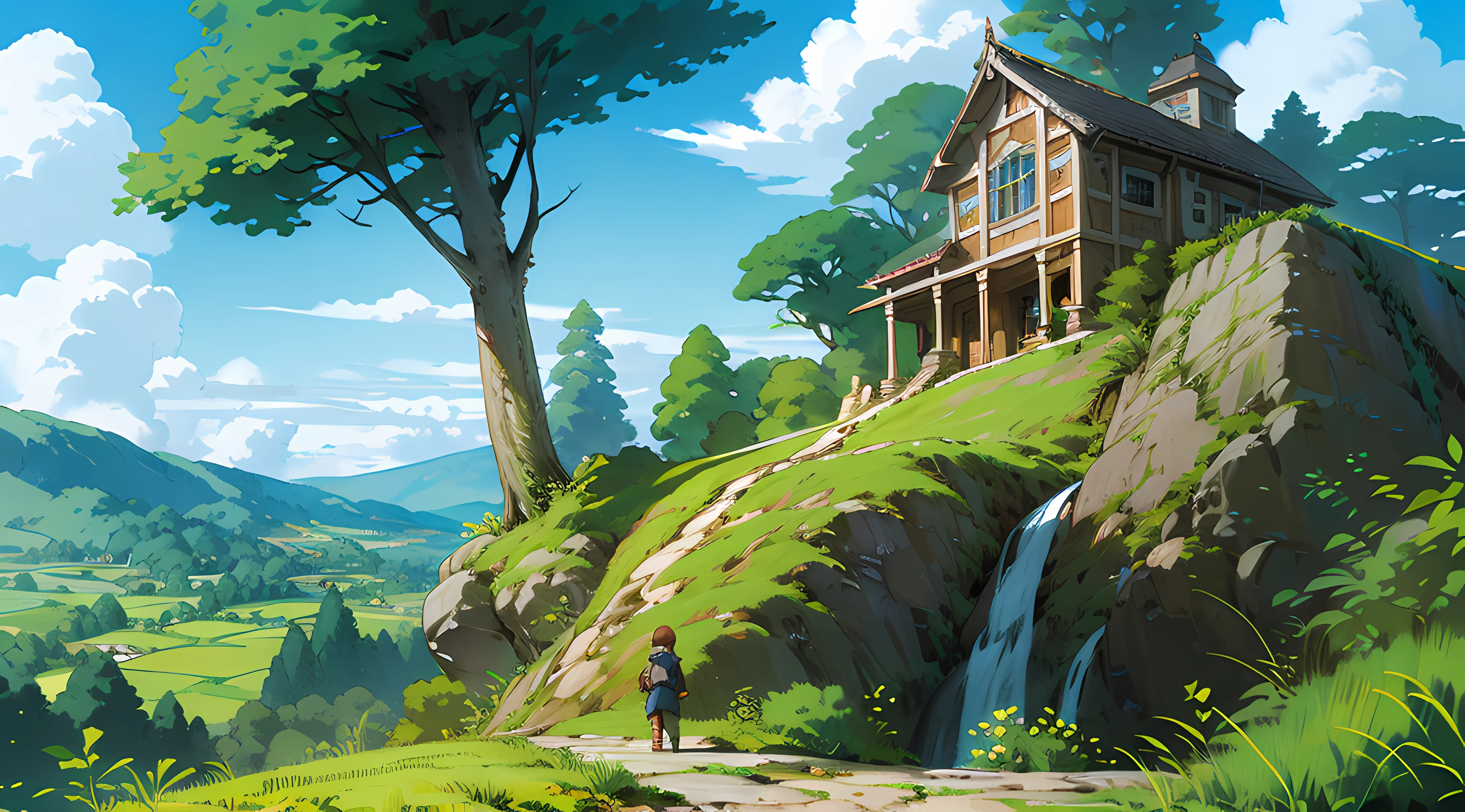 (((best quality))),single build,architecture, blue_sky, building,cloudy_sky, day, fantasy, fence, field, house, build,architecture,landscape, moss, outdoors, overgrown, path, river, road, rock, scenery, sky, sword, tower, tree, waterfall ,