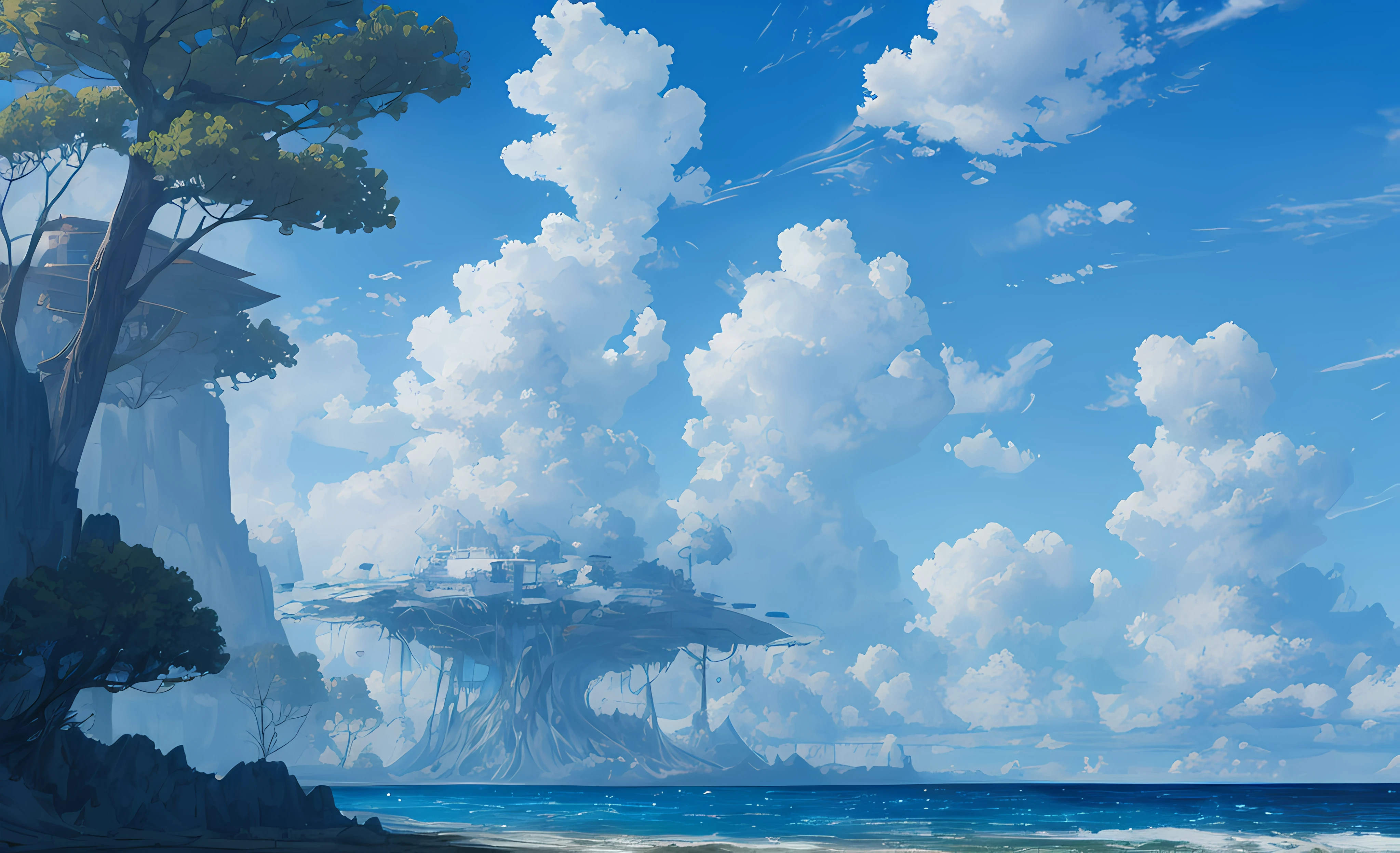 concept-art, without humans, scenecy, Eau, sky sky, day, that tree, cloud, waterfall man, Outdoor sports, buliding, natural, floods, blue-sky