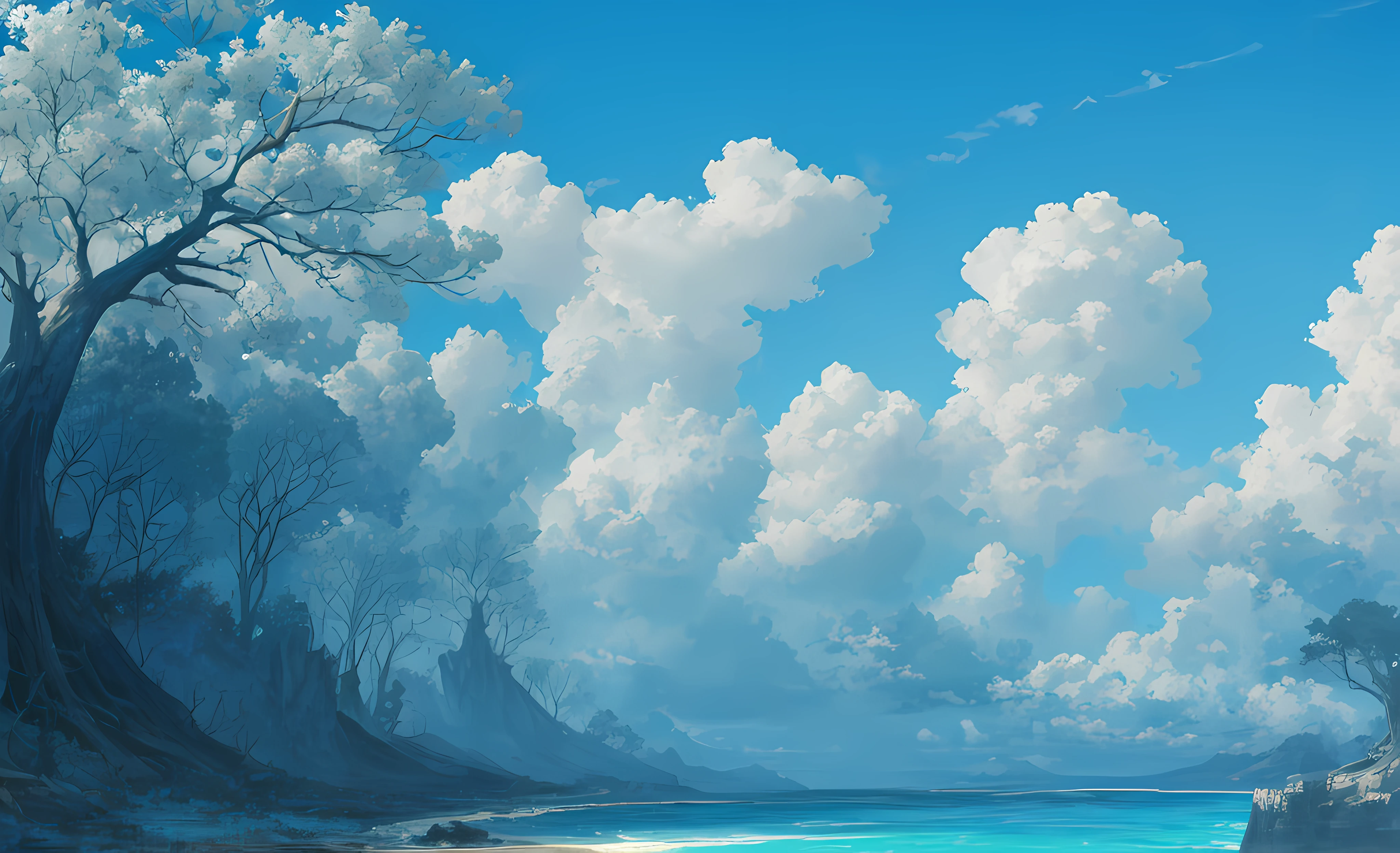 concept-art, without humans, scenecy, Eau, sky sky, day, that tree, cloud, waterfall man, Outdoor sports, buliding, natural, floods, blue-sky