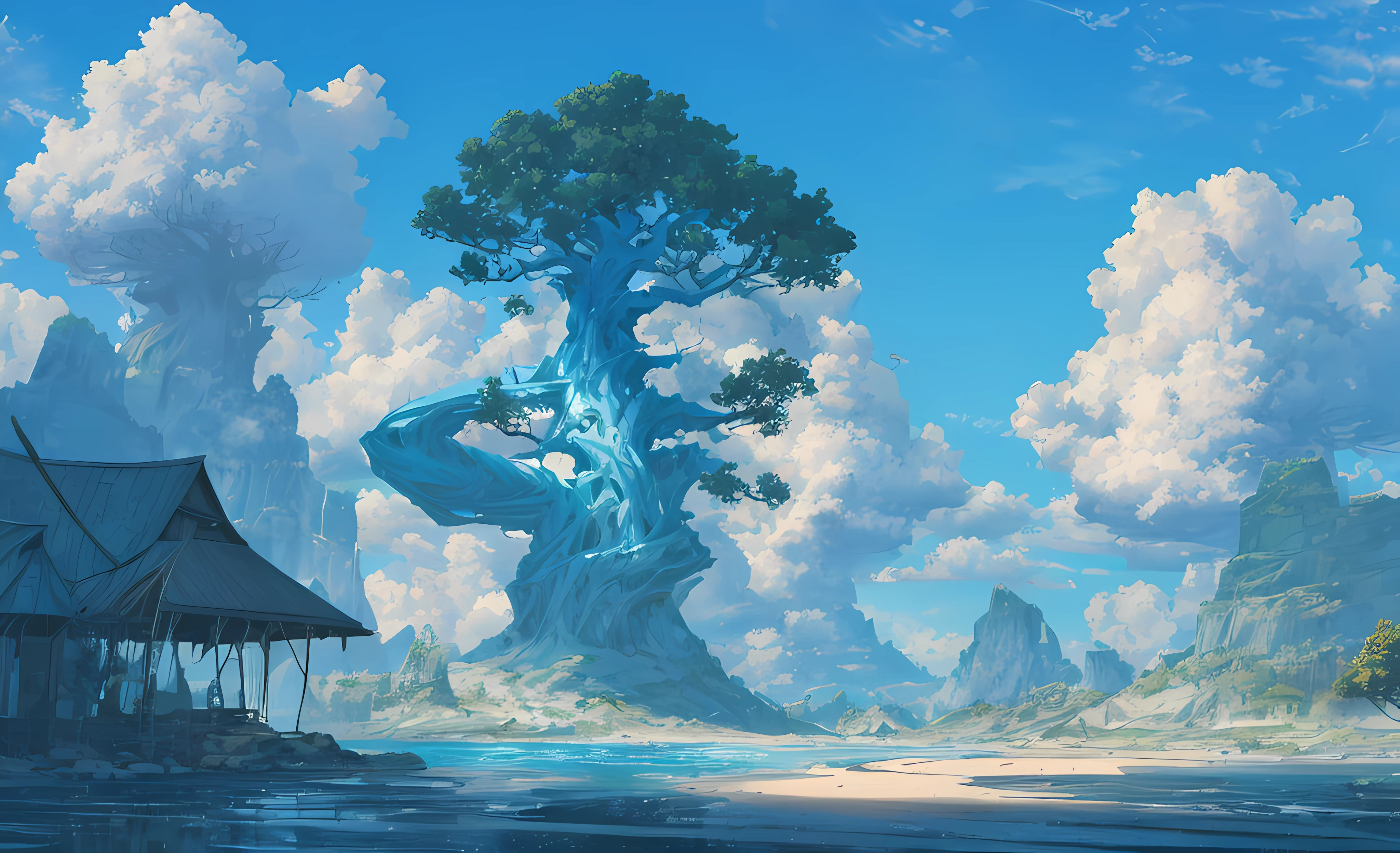 concept-art, without humans, scenecy, Eau, sky sky, day, that tree, cloud, waterfall man, Outdoor sports, buliding, natural, floods, blue-sky