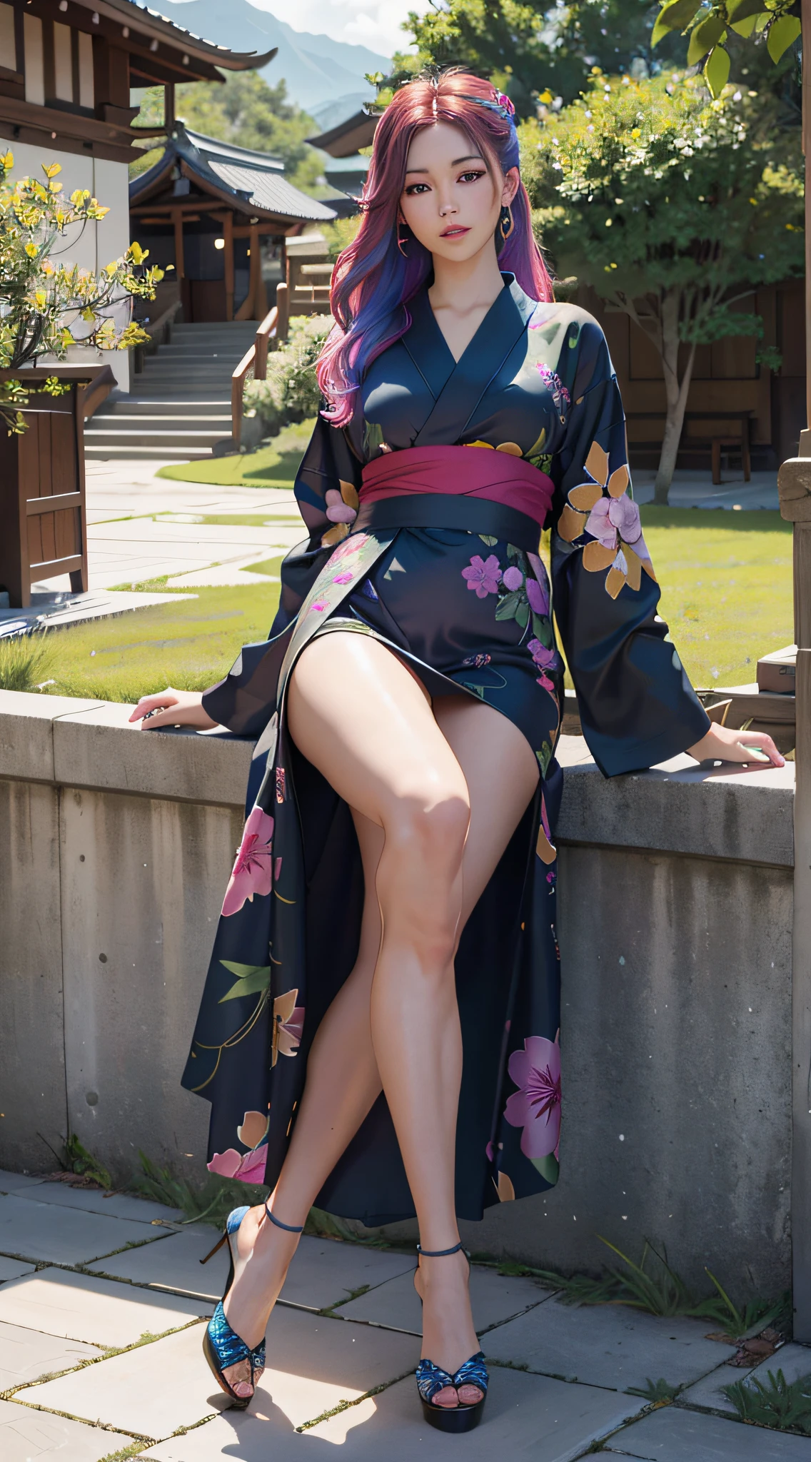 (best quality,4k,8k,highres,masterpiece:1.2),ultra-detailed,(realistic,photorealistic,photo-realistic:1.37),portrait,sexy woman,slender,large breasts,full body view,leg view,foot view,high heels,rainbow colored hair,very long hair,open yukata,multi colors ,semidressed