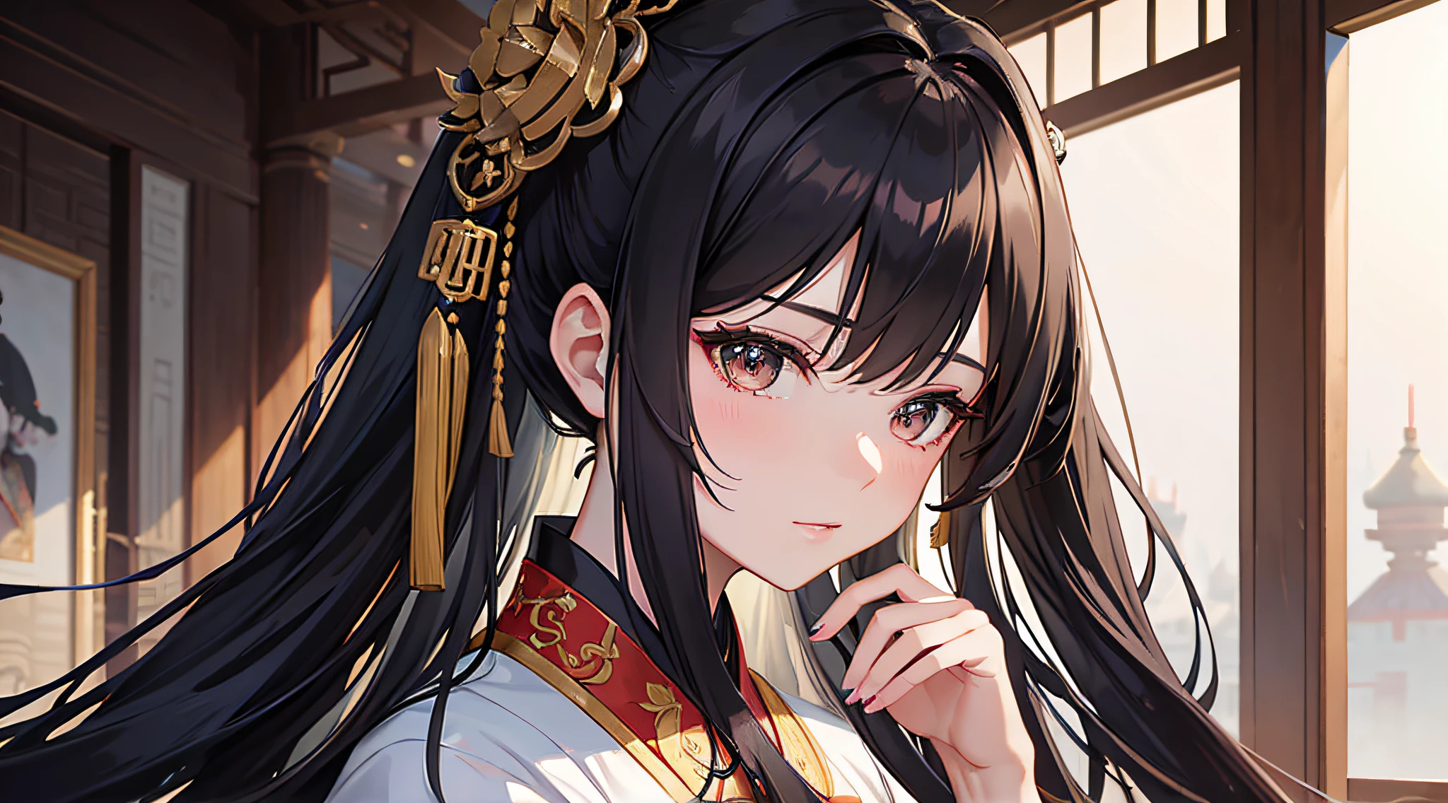 Close-up of a woman in a dress standing in the palace,Black Hanfu,Detailed clothing and face shapes, Beautiful and elegant fantasy queen