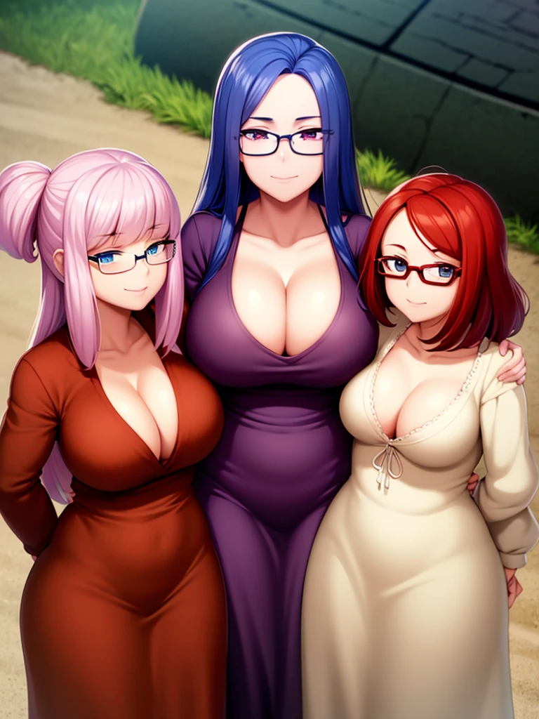 image view: de cima. professora: with medium breasts and red hair. diretora: attractive with medium boobs and blue hair. aluna: with glasses, a little chubby and with big breasts and blonde hair. All together hugging looking up in the anime classroom