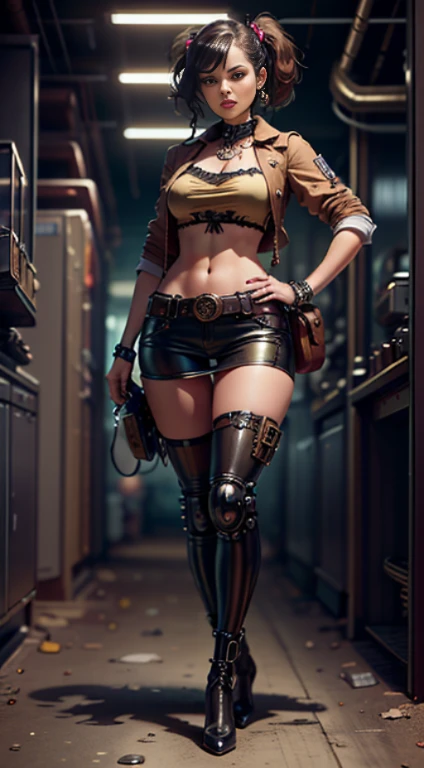 Beautiful woman colored hair, sitting cross-legged sexy leather clothes long breasts cyberpunk style realistic detailed