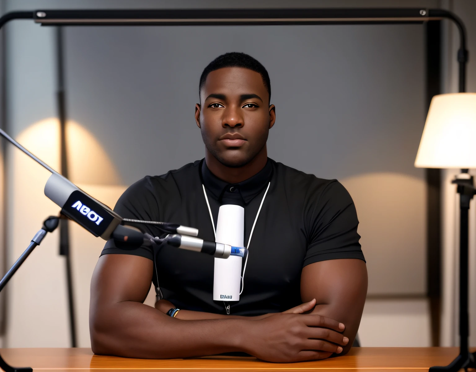 arafed homme assis à une table avec un microphone devant lui, assis devant un microphone, lisse dans _ Le contexte, Regarder directement à la caméra, homme à la peau noire, lisse en arrière-plan, le tendre à la caméra, regarde directement la caméra, Regarder vers la caméra, mi-portrait, Prise de vue sur Canon EOS R5