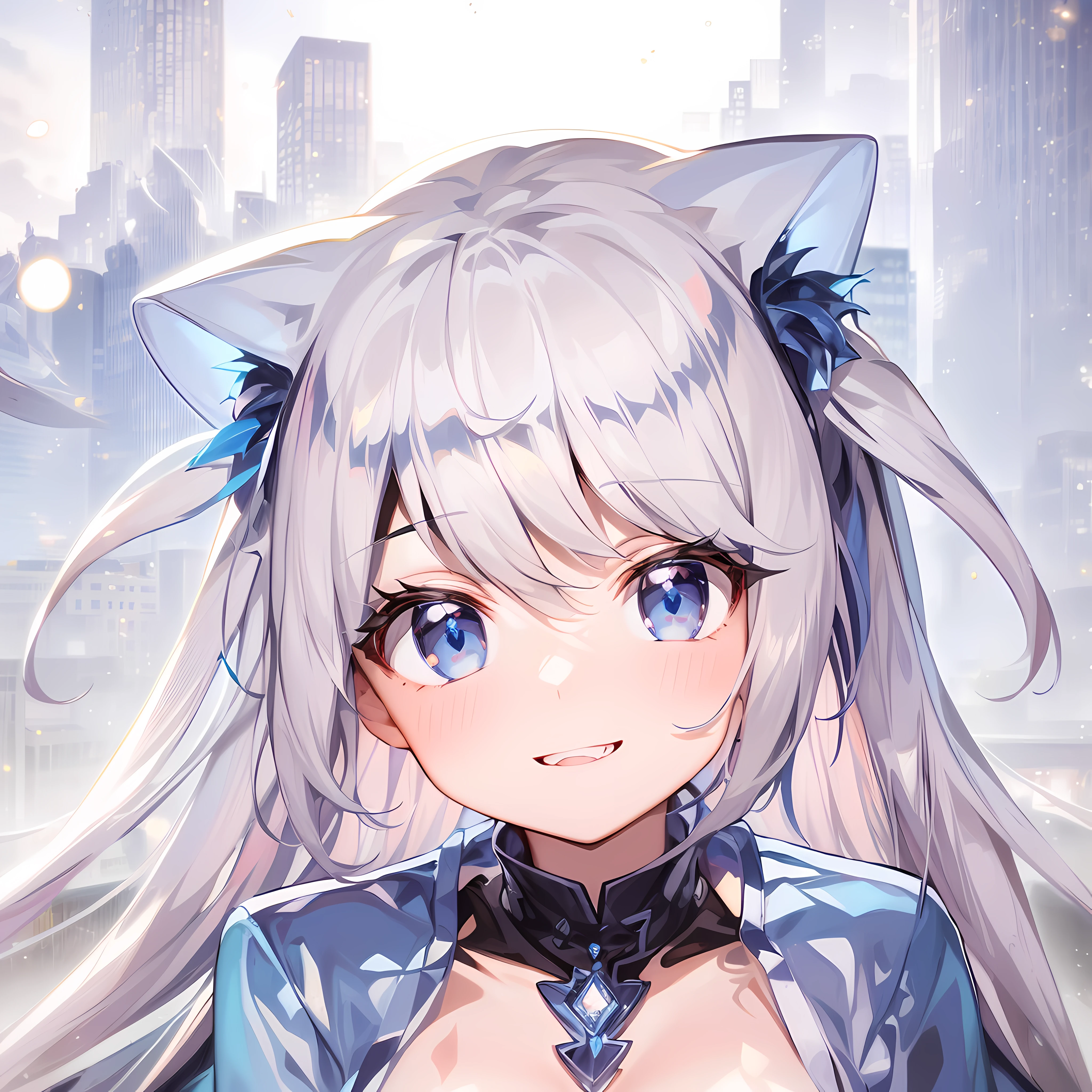 official art, masterpiece, sharp focus, (pretty gorgeous cute korean women:1.3), (pretty cute korean: 1.3), korean beauty, delicate and beautiful hair and eyes and face, real , special detail, beautiful girl, blue sky, glowing white particles, (sidelighting: 1.2), sunlight, white clouds, cloud detail, slender, cute big breasts and very large hips, smile with teeth. ((Smiling with eyes, both eyes open)), scenery, long straight hair, sexy expression, building, (city:1.7), dynamic hair, long straight hair, platinum pink hair detail, blue eyes glow. (Blue pleated top + white skirt), white socks, pale skin, hair accessory, epic scenery.