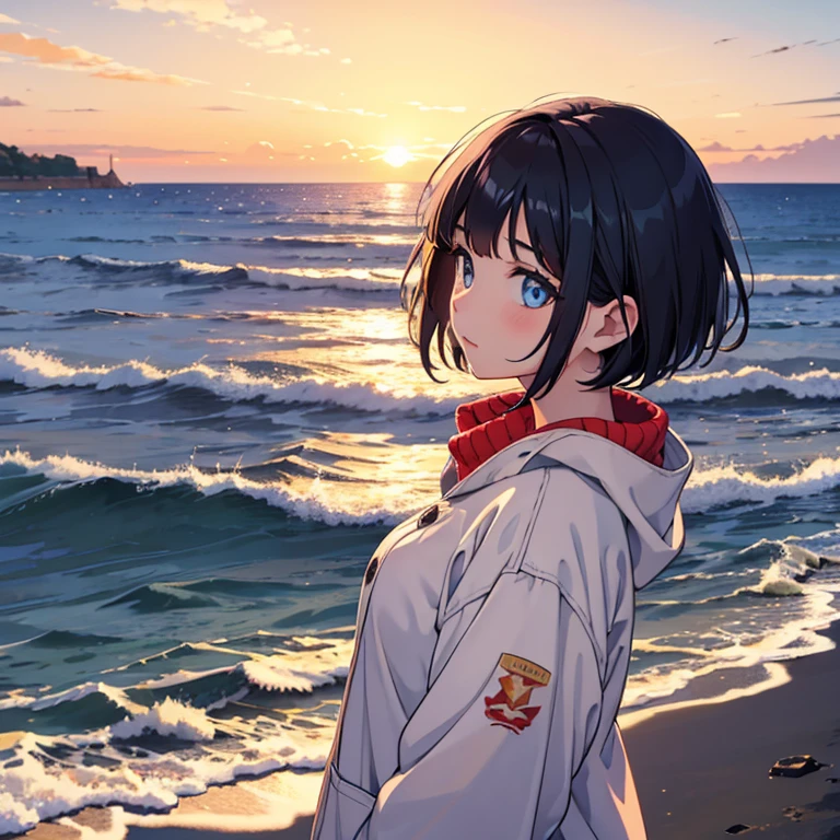 Beautiful eyes, masterpiece, highest quality, one girl, solo, sunrise, coast, from the side, winter, colorful sukajan, short hair