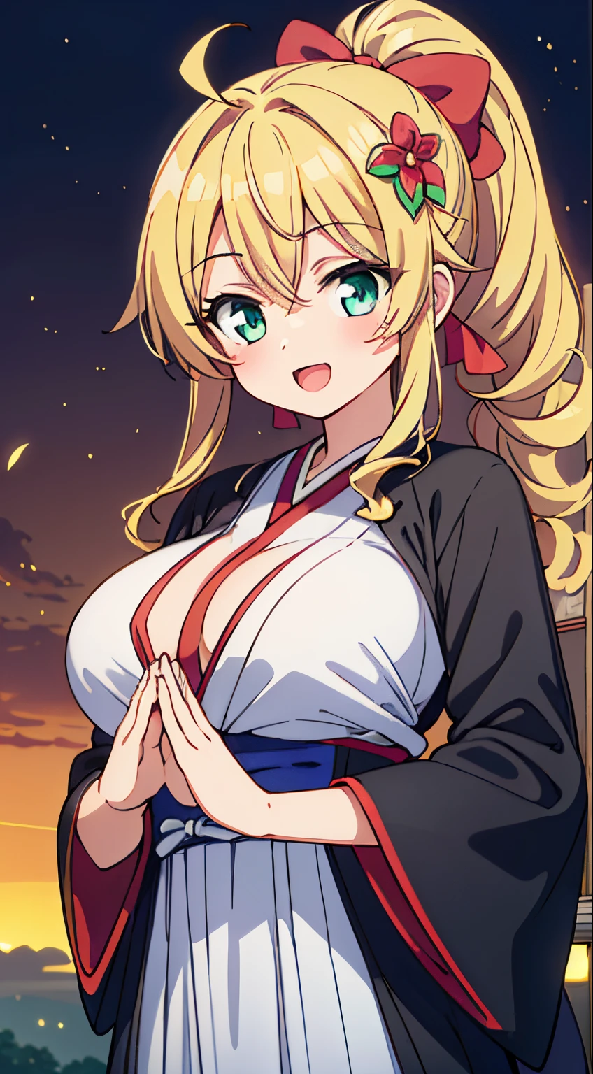 (Cute illustration:1,2),(Absurd realistic structure details),(High resolution complex and detailed text quality),(High-resolution microstructure、High poly 3 boobs D rendering correction),Methods of geometry,Careful explanatory anatomy,
BREAK,
Closed mouth, Closed eyes,1 beautiful girl, girl with, (Cute:1.5),(Chibi:0.5),(kawaii:2.0),(Lori:2.0),(12 year old girl),(large full breasts:1.65),(Ahoge,High Ponytail,Blonde hair, blue bow, Green eyes,eyebrows visible through hair,side locks,Parted bangs,Long hair, Hair Flower, Hair Ornament, Big ribbon in the hair, Curly hair,Bow:1.4),:el,White feathers, one white winged, Angel wings,Spread wings, Glowing wings),pitt \(Kid Icarus\),gleaming skin, Clear skin, shining beautiful skin, Open mouth,Smile, Solo, tusk, Upper teeth,(long eyelashes, Double eyelids:1.2),Solo,gleaming skin, Clear skin, Beautiful skin,(best quality face),(Top quality glowing eyes),(The best smile,Doya face:1.45),BREAK, (Japanese monk girl theme:1.5), (Dress,:1.5) (very long black hakama:1.4), (wears beads on the wrist:1.4), (cassock:1.3), (Black robes of a monk with long Japan,Long Buddhist black robe:1.5), (Long sleeves:1.3),
BREAK,(day), (Meditation Poses, Join palms together,Praying,own hands together:1.35), (Buddhist Prayer,sanskrit text, mandalas,Shining Circle, Team Light, Shining, aureole, effect, magical effect, Holylite:1.2), (Full body), Waterfall,depth of fields,
BREAK,wakame,wakame,wakame,(Cowboy Shot:1.4),
BREAK,(Blurry background:1.3),(absurderes, hight resolution, Super Detail Art),cel shading,Clear Color, Lonely optical effect, Beautiful pictures, Bright glow, mystic atmosphere,(Close-up of girl:1.1), Mystical light particle effect,manga influence, clean line drawings,