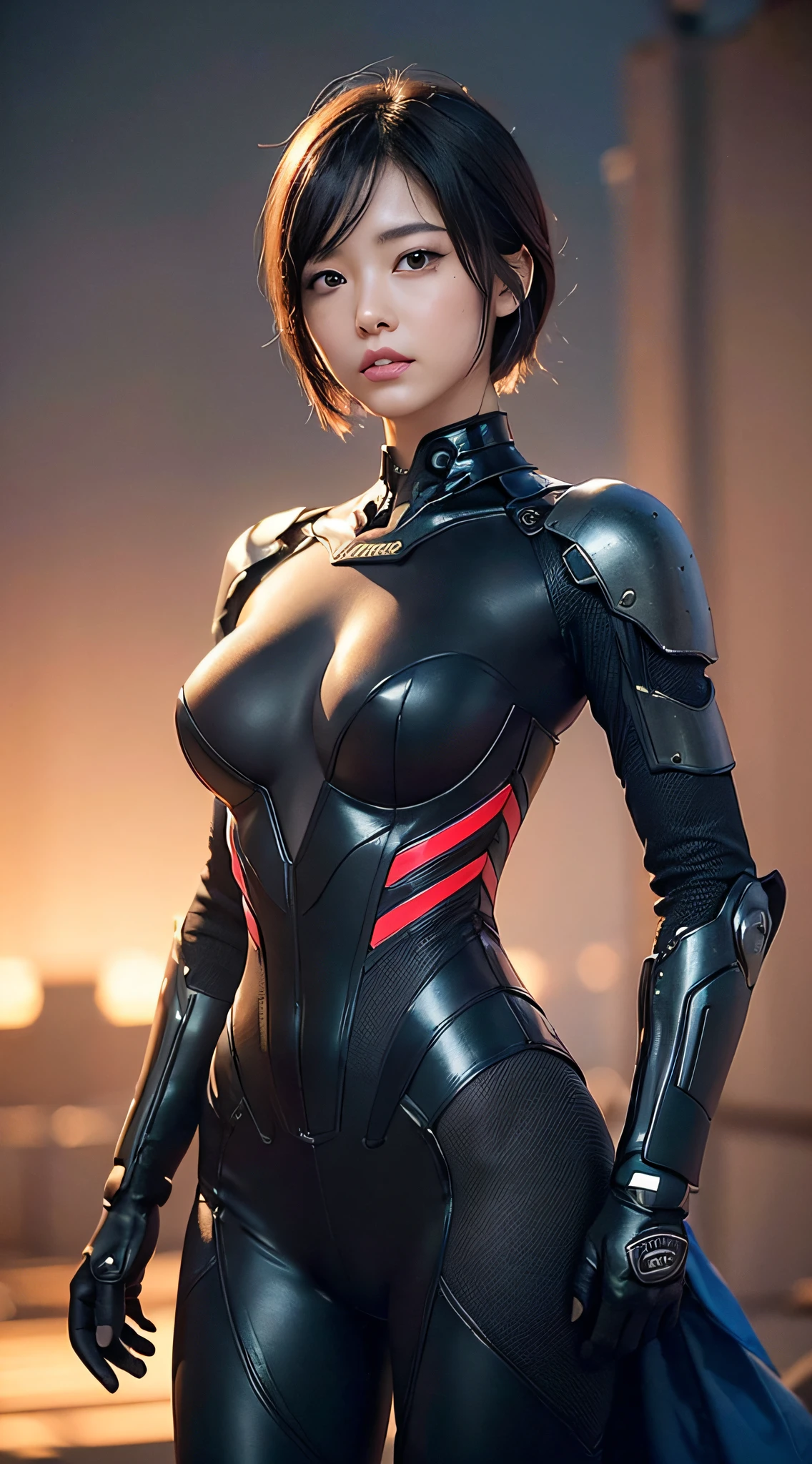(a closeup:1.4)、(Raw photography:1.2)、(Photorealsitic:1.4)、(​masterpiece:1.3)、(top-quality:1.4)、(Beautiful woman with perfect body:1.4)、Woman standing in front of a group of robots、beautiful android woman、Beautiful Female Soldier、Girl in suit、complex combat uniform、beautiful young  japanese woman、Highly detailed facial and skin texture、Detailed Big Eyes、二重まぶた、cute  face、(a short bob:1.2)、(huge-breasted)、(FULL BODYSHOT)、cowboy  shot、(angry expressions:1.2)、Storms and epic war scenes、cyberpunk scene、Night、illuminations、plugsuit、combat uniform damage、