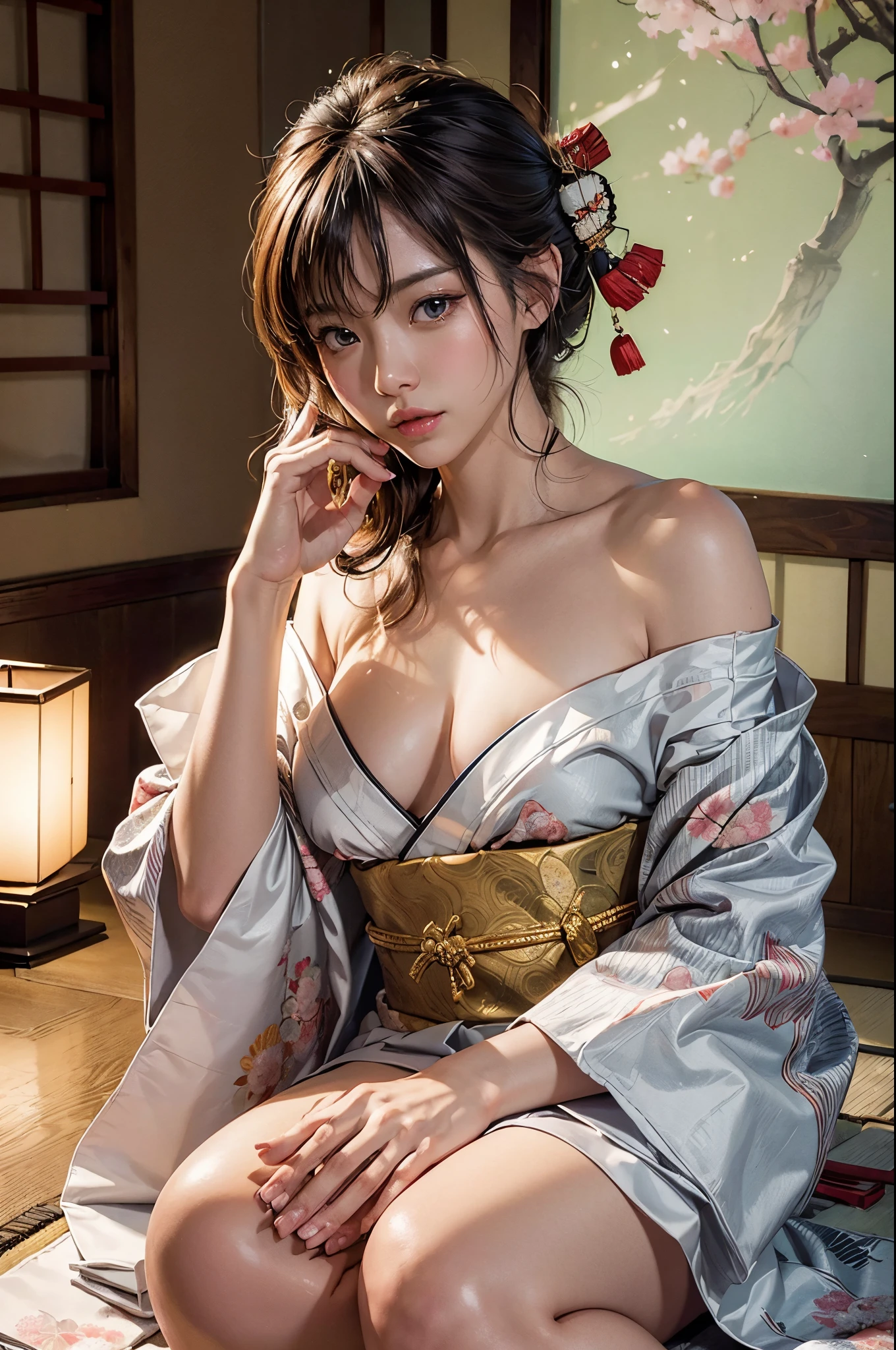 (masutepiece:1.Photoreal Stick:1.4, 8K), top-quality, masterpiece, 超A high resolution, Professional camera work, Grow Light Effect, Realistic portrait, Cinematic Light, Highly detailed skin and facial texture:1.Perfect dynamic composition, The ultra-detailliert, A detailed eye, Detailed limbs, (Japanese-style room in the Japan, formal hanging scroll, tradition:1.5), 1girl in, 25-years old, cute sexy japanese slim woman, Fair skin, (Enraptured look:0.9, Totally captivates you:1.0), (Silver kimono:1.32 off shoulder), (voluptuous breasts:0.9), (Backshots, Calm pose), (Beautiful blue eyes, Eyes that feel beautiful eros:0.85), Sexy face:0.4, (A mouthfeel that feels beautiful eros:0.85), ((Too cute beauty:0.9))