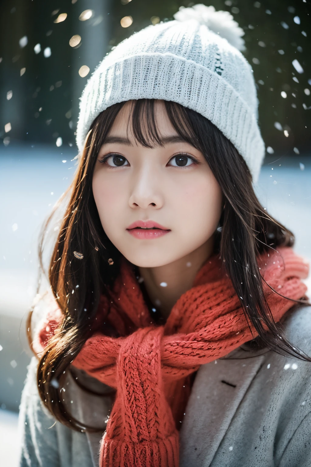 ((Show face only、Close-up of face、crouching down、Kamimei、Moe Sleeve、put both hands on your chin))、(realisitic、Photorealsitic、ultra-detailliert、Highest Details Skins、top-quality、masterpiece、超A high resolution)、Cute Japan Woman、sixteen years old、hi-school girl、younggirl、Thin makeup、no-makeup、1 girl in、I have bangs、二重まぶた、drooing eyes、Japanese style face、View here、Realistic skin type、Thick gray muffler、fluffy hair、hair bulging with a scarf、Hair overflowing from scarf、Red cheeks、The wind is blowing、It's snowing、illuminations、Lighting from behind、knit hat