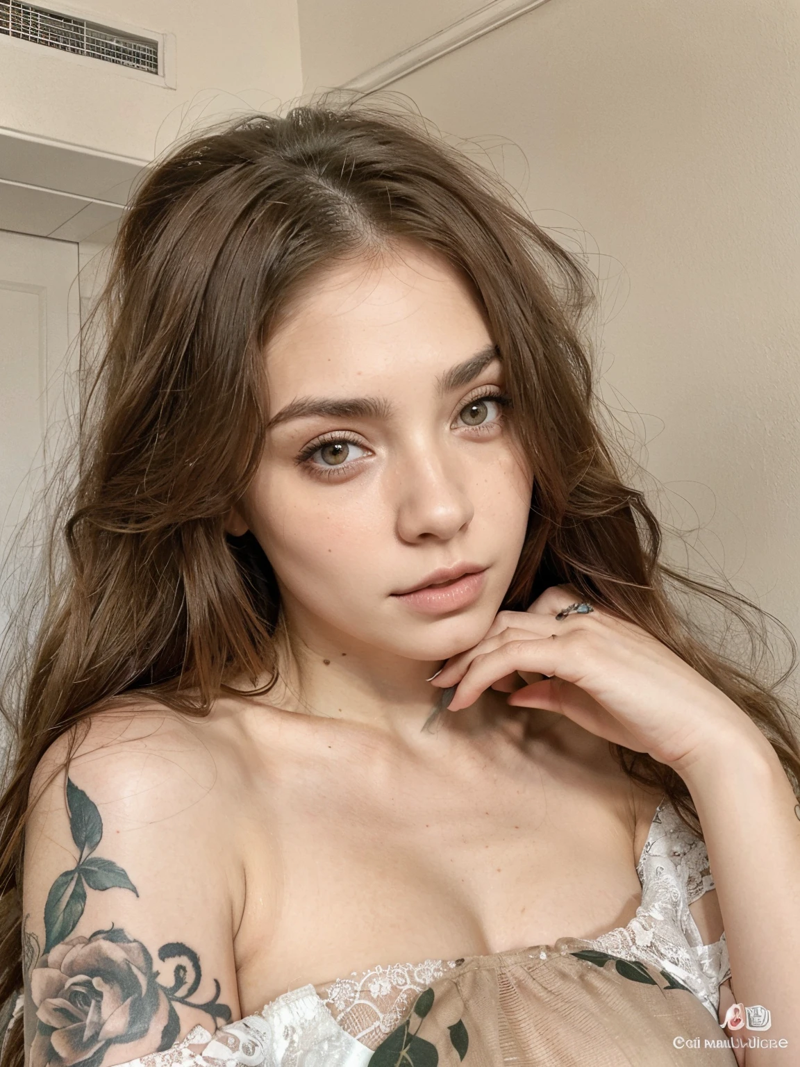 there a woman with tattoos on her arms and chest, Cara sexy con maquillaje completo, con cabello largo y ojos penetrantes, pale porcelain white skin, Beautiful aesthetic face, ulzzang, Her light brown skin, Cara sexy, pale round face, Cara delicada y encantadora, Ojos grandes y cabello largo y suelto, Cara perfecta ), brown hair and large eyes