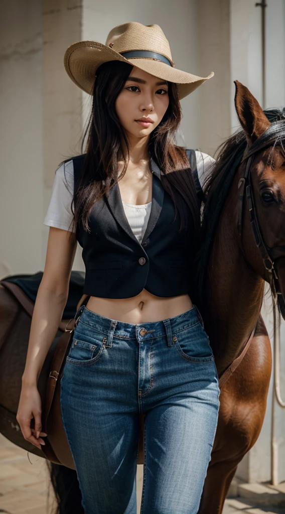 Korean beauty girl, wearing modern cowboy outfit, vest, skinny fit jeans, plain shirt inside, cowboy hat, long wavy hairstyles, depth tone, full body, riding very muscular black Mustang horse, photography, details surrealism,