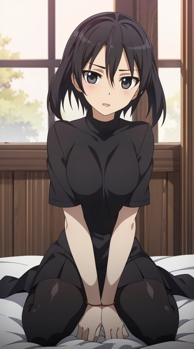 (masterpiece), best quality, expressive eyes, perfect face, kurome , black hair ,short twin ,short hair, black  eyes, medium  breasts, anime art style, official art, slightly head tilt, sexy pose,siting on bed , ((nude)),background modern bedroom on windows open, full body