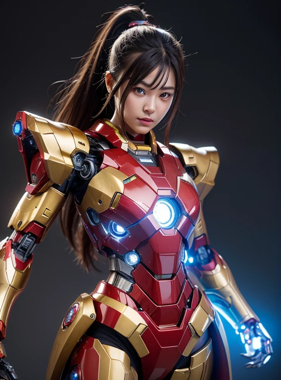 Textured skin, Super Detail, high details, High quality, Best Quality, hight resolution, 1080p, hard disk, Beautiful,(Iron Girl),beautiful cyborg woman,Mecha Cyborg Girl,Battle Mode,Girl with a Mecha Body,She wears an Iron Man mech,fully body photo