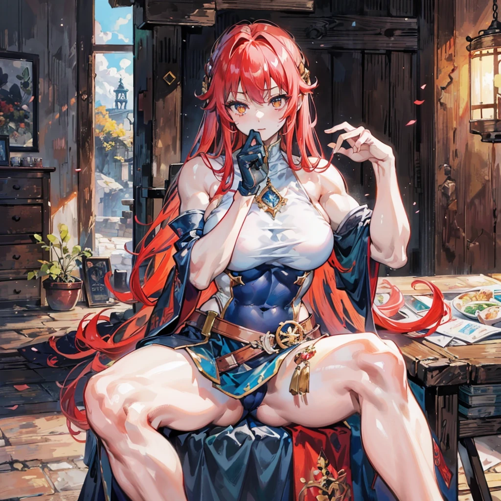 （（（​masterpiece）））、（（（Top image quality）））、（（（top-quality）））、（（（Illustration of one girl）））、（（（Muscle Girl）））、（（neuter））、（（Long hair with red hair））、Golden eyes、（（Tall））、（（（Muscular and strong body）））、（（Split abs））、（（muscular and thick arms））、（（muscular and thick thighs））、（（（manspreading）））、adventurer、（（（Adventurer style equipment）））、Sitting on a chair、Medieval tavern