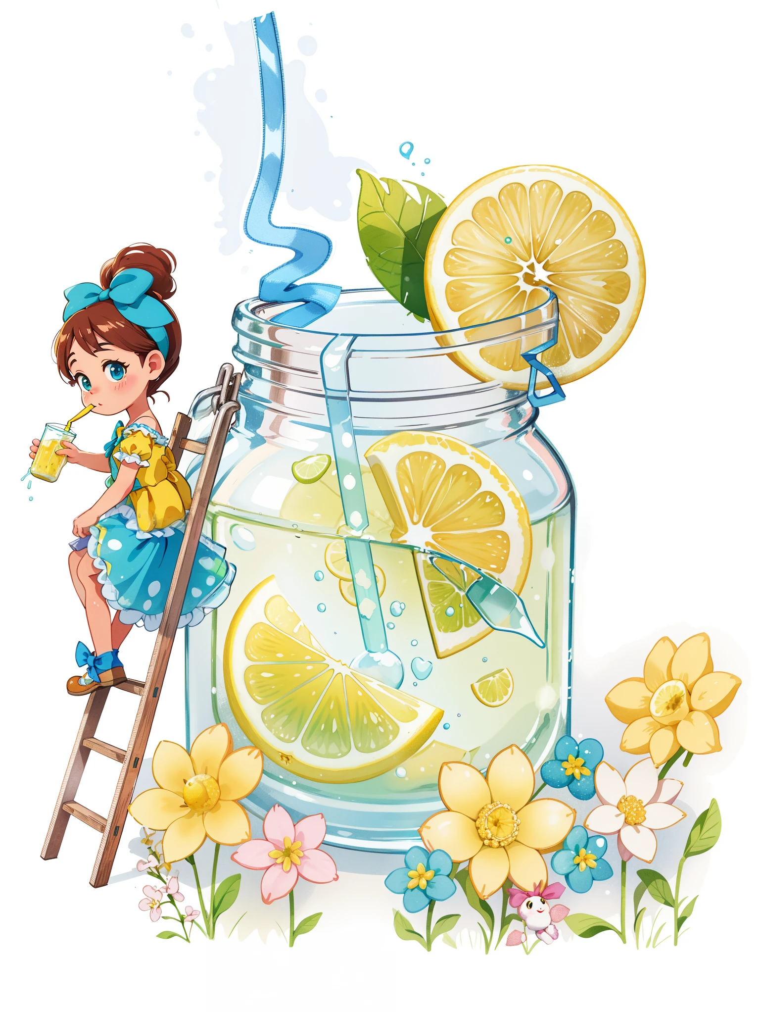 tem uma garota (tomando suco, with blue bow on head) who is standing on a ladder near a jar of lemonade, limonada, lemon light, full-colour illustration, official illustration, color digital illustration, Arte Oficial, Aquarela,
