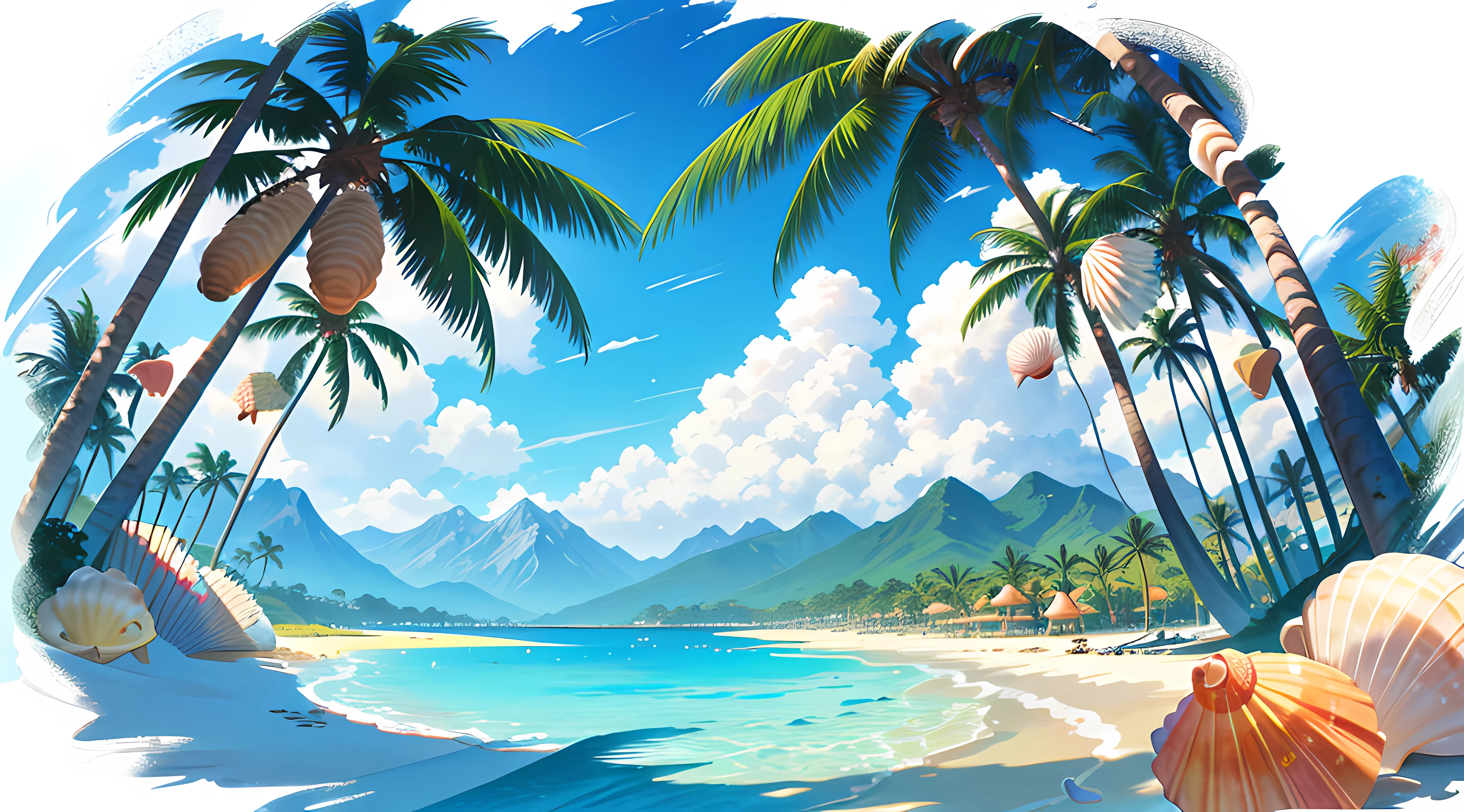 On the sandy beach overgrown with coconut trees, with mountain peaks in the distance, seaside, (super many shells: 1.5), rich in color, high saturation, cinematic lighting, beautiful, vivid, sunny, anime movie stills, Ghibli style, --v 6
