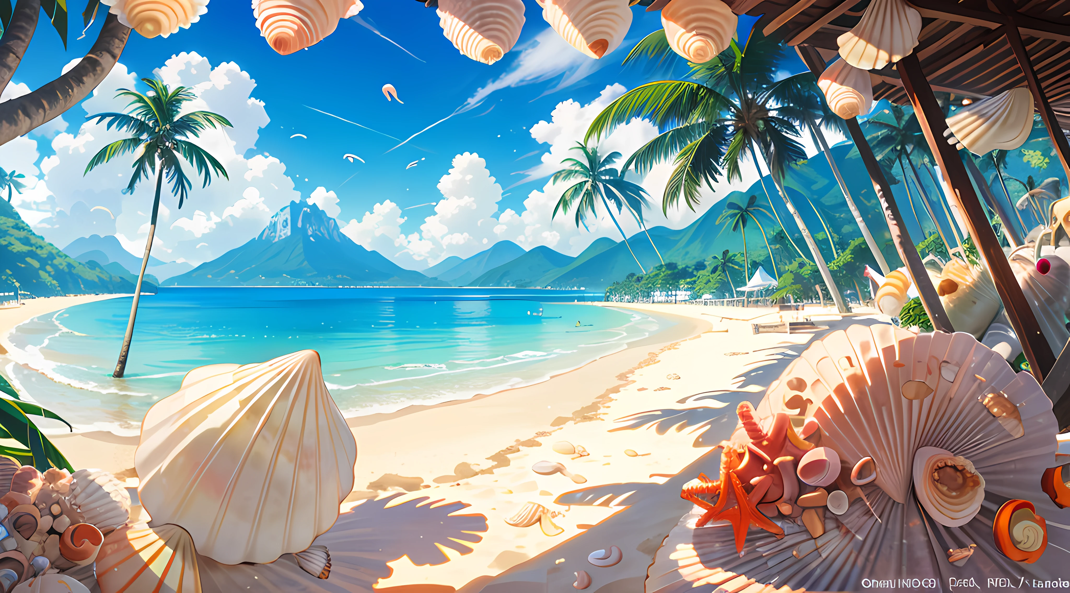 On the sandy beach overgrown with coconut trees, with mountain peaks in the distance, seaside, (super many shells: 1.5), rich in color, high saturation, cinematic lighting, beautiful, vivid, sunny, anime movie stills, Ghibli style, --v 6