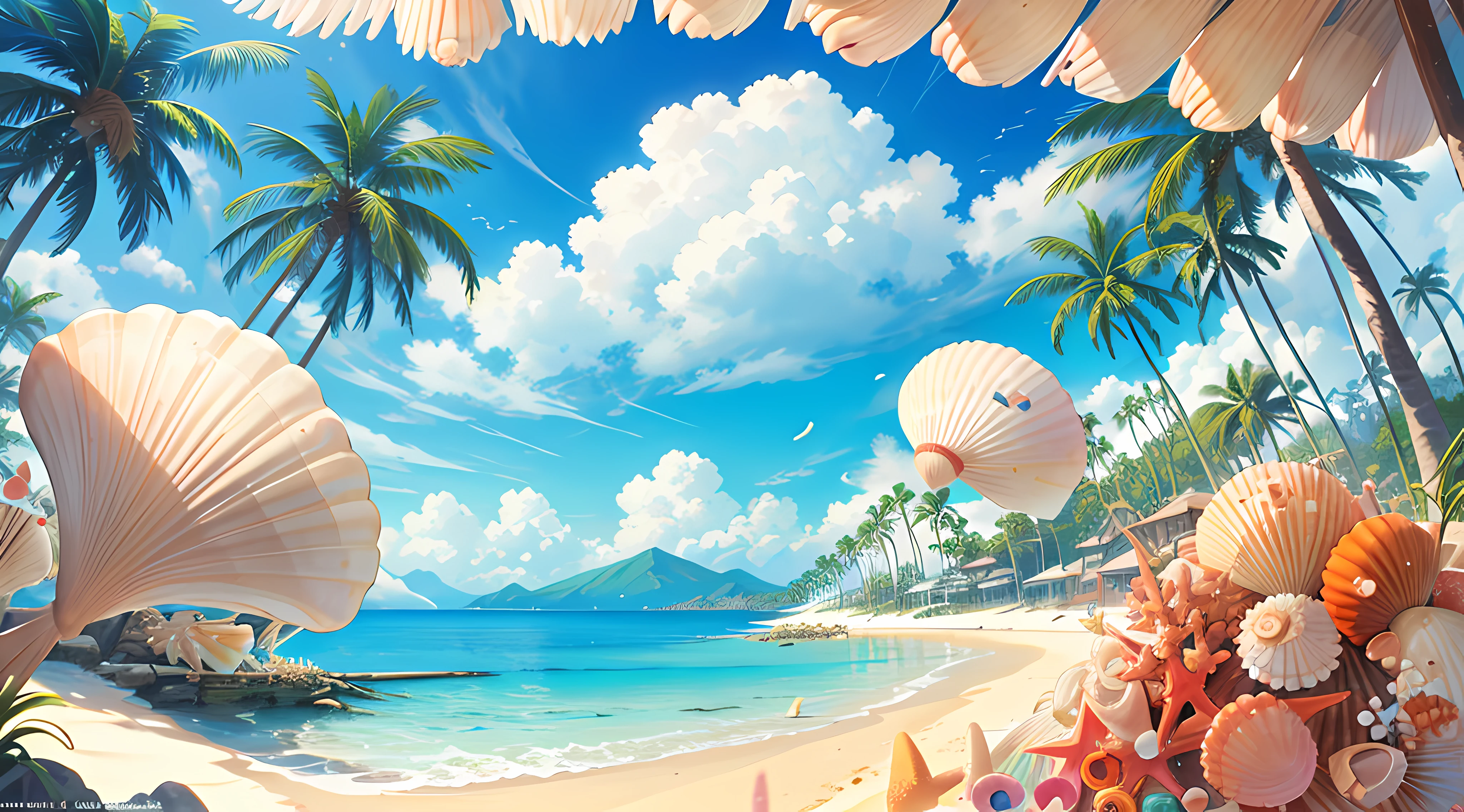 On the sandy beach overgrown with coconut trees, with mountain peaks in the distance, seaside, (super many shells: 1.5), rich in color, high saturation, cinematic lighting, beautiful, vivid, sunny, anime movie stills, Ghibli style, --v 6