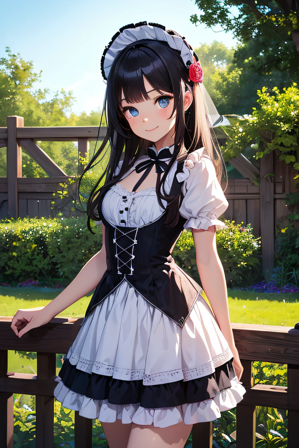 very cute and beautiful girl,(highly detailed beautiful face and eyes:1.2),
smile,black hair,dynamic pose,beautiful legs,(cowboy shot),
brown floral pattern lolita dress with detailed frills,
flower garden,stone pathway,distant trees,
(best quality,masterpiece:1.2),intricate details,highres,1 girl,solo,cinematic lighting,