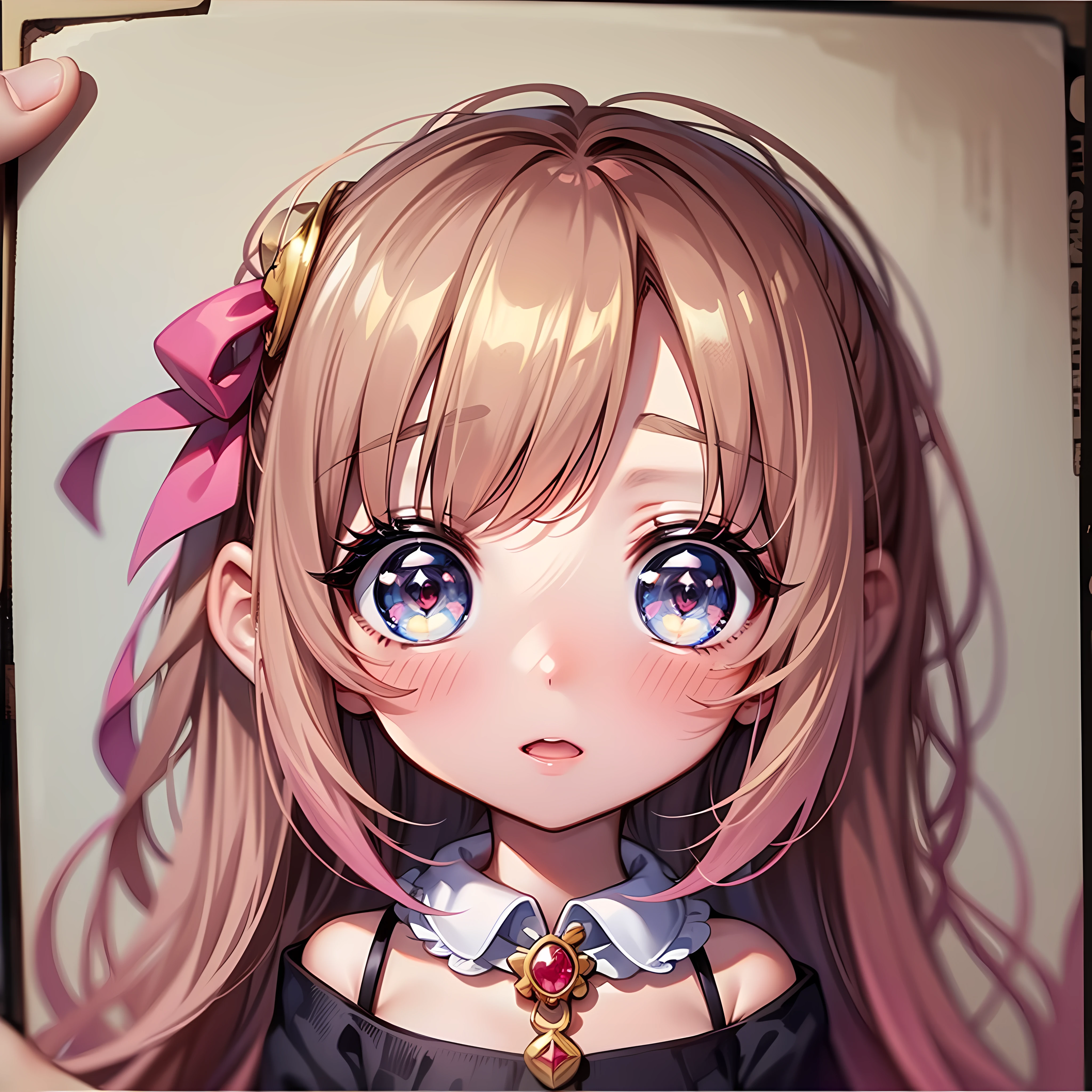 Perfectcomposition、Perfect work、cartoon long hair girl、Cartoon Art Style、Cartoon Cute Girl、chibi girl、Chibi、Cute cartoon style、lovely art style、cartoonish style、Cartoon style illustration、Digital art of cartoons、adorable digital art、Cute Anime Girls、Chiibi》Estello、kawaii girl、An anime picture、trending art、Cartoon style illustration、3Equal、with a big head、Kawaii's eyes、sparkle eyes、Eyes are bright、kawaii faces、innocent face、slick hair、one blonde、combed blonde hair、pink ribbons、girl wearing polka dot dress, cute kawaii girls, Cute Anime Girls, Upper part of the body、Oblique muscles、pink back ground、tchibi、There a small、small、Chibi、Hair ground、hair not tangled、He has a red ribbon in his hair