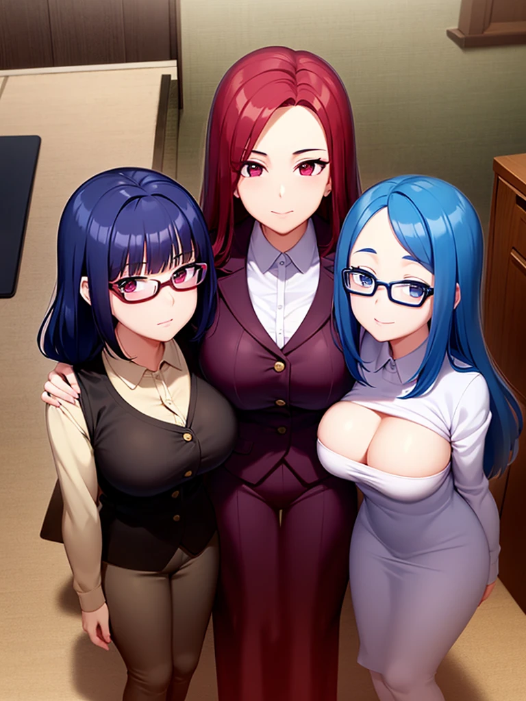 image view: de cima, All together hugging each other looking up in the classroom.                                                                                                                                     
professora: with medium boobs and red hair wearing her teacher uniform.                                                                                               
diretora: naughty girl with medium breasts and blue hair wearing a tight suit.                                                  aluna: with glasses a little chubby and with big breasts and blonde hair wearing a school uniform.