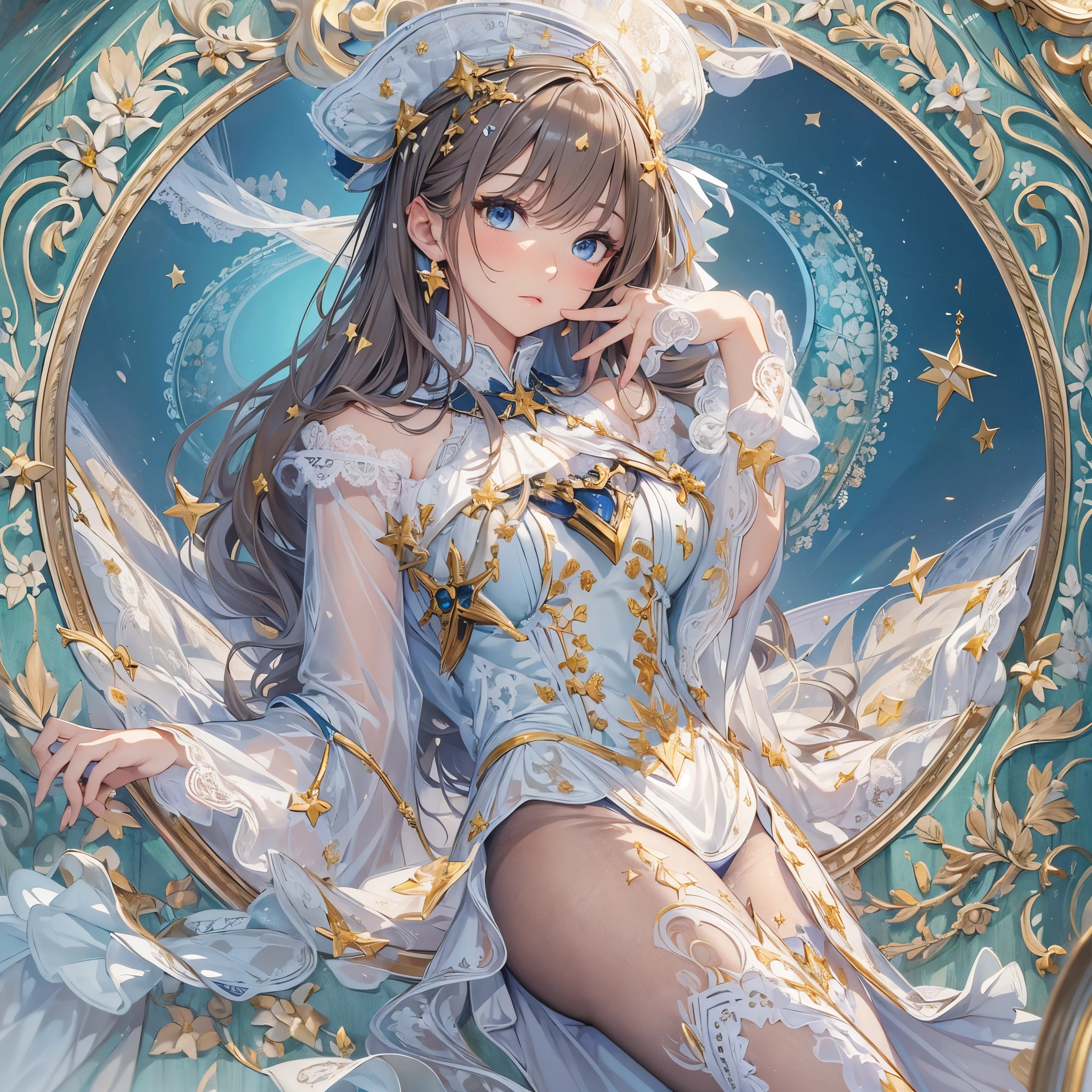 ((Masterpiece, Highest quality)), Detailed face, full bodyesbian, Full of details, Multiple poses and expressions, Highly detailed, Depth, Many parts, Beautiful naval girl, estilo fantasia, mirrors, Extremely beautiful, High Balance, Natural light, Lace, lacepantyhose, starrysky, Star decoration