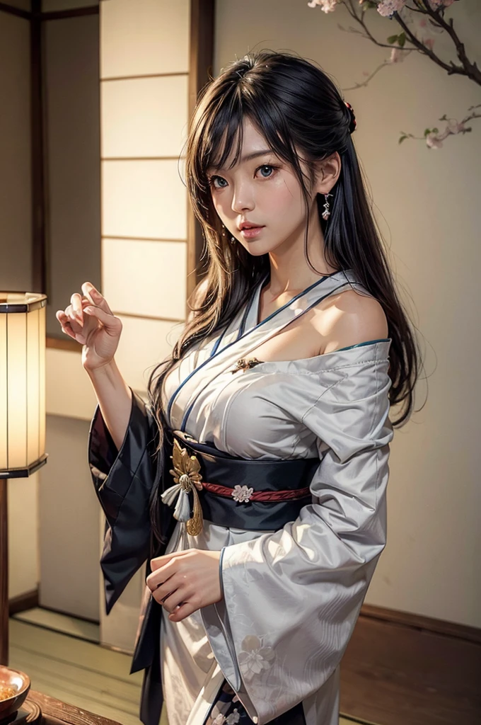 (masutepiece:1.Photoreal Stick:1.4, 8K), top-quality, masterpiece, 超A high resolution, Professional camera work, Grow Light Effect, Realistic portrait, Cinematic Light, Highly detailed skin and facial texture:1.Perfect dynamic composition, The ultra-detailliert, A detailed eye, Detailed limbs, (Japanese-style room in the Japan, formal hanging scroll, tradition:1.5), 1girl in, 25-years old, cute sexy japanese slim woman, Fair skin, (Enraptured look:0.9, Totally captivates you:1.0), (Silver kimono:1.32 off shoulder), (voluptuous breasts:0.9), (Backshots, Calm pose), (Beautiful blue eyes, Eyes that feel beautiful eros:0.85), Sexy face:0.4, (A mouthfeel that feels beautiful eros:0.85), ((Too cute beauty:0.9))