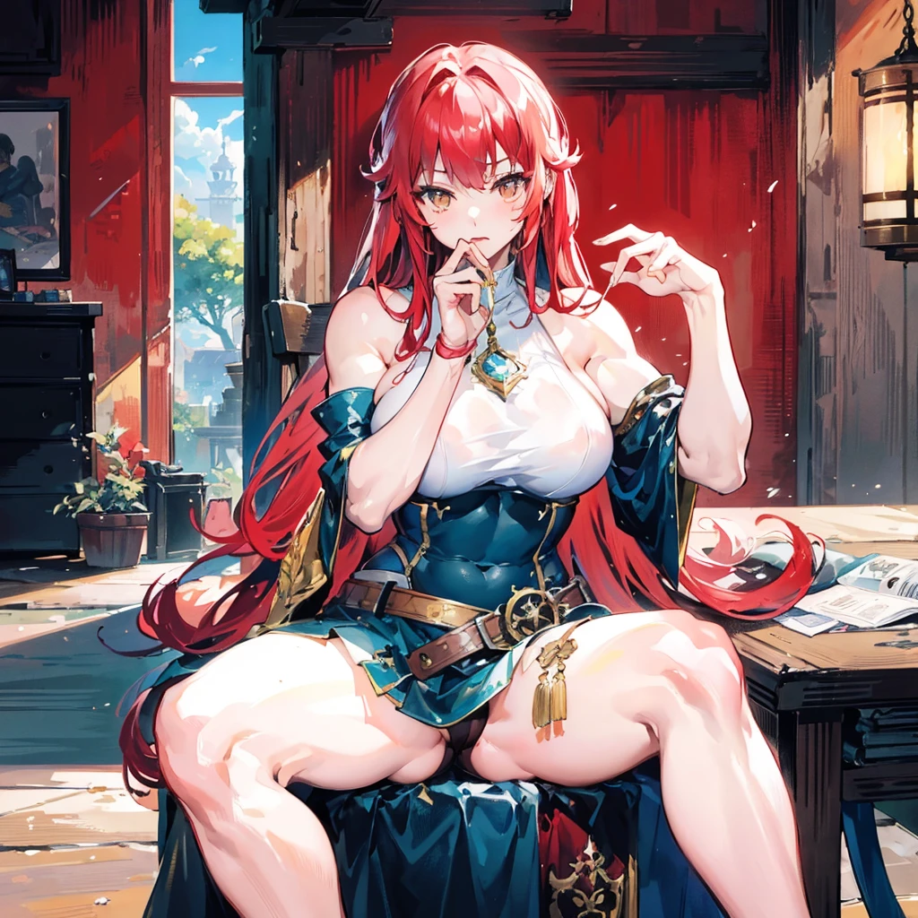 (((masterpiece)))、(((Top image quality)))、(((top-quality)))、(((Illustration of one girl)))、(((Muscle Girl)))、((neuter))、((Long hair with red hair))、Golden eyes、((Tall))、(((Muscular and strong body)))、((Split abs))、((muscular and thick arms))、((muscular and thick thighs))、(((manspreading)))、adventurer、(((Adventurer style equipment)))、Sitting on a chair、Medieval tavern