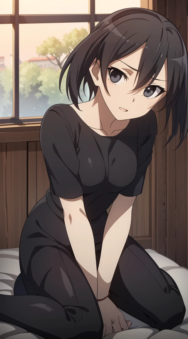 (masterpiece), best quality, expressive eyes, perfect face, kurome , black hair ,short twin ,short hair, black  eyes, medium  breasts, anime art style, official art, slightly head tilt, sexy pose,siting on bed , ((nude)),background modern bedroom on windows open, full body