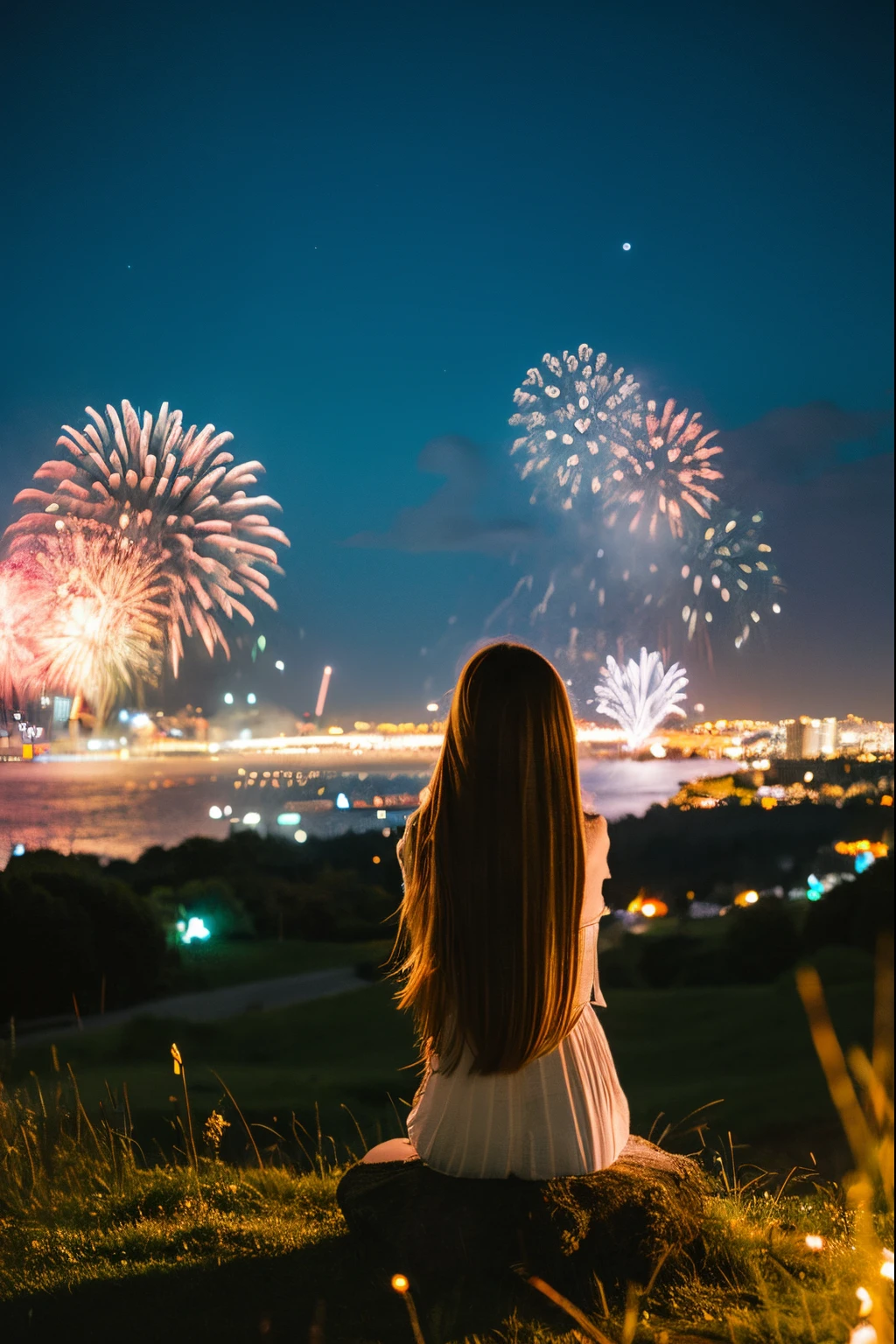 girl, long whitr hair, Stand on the hillside, Watching the fireworks going off in the distance, Colorful, There are tall buildings in the distance.