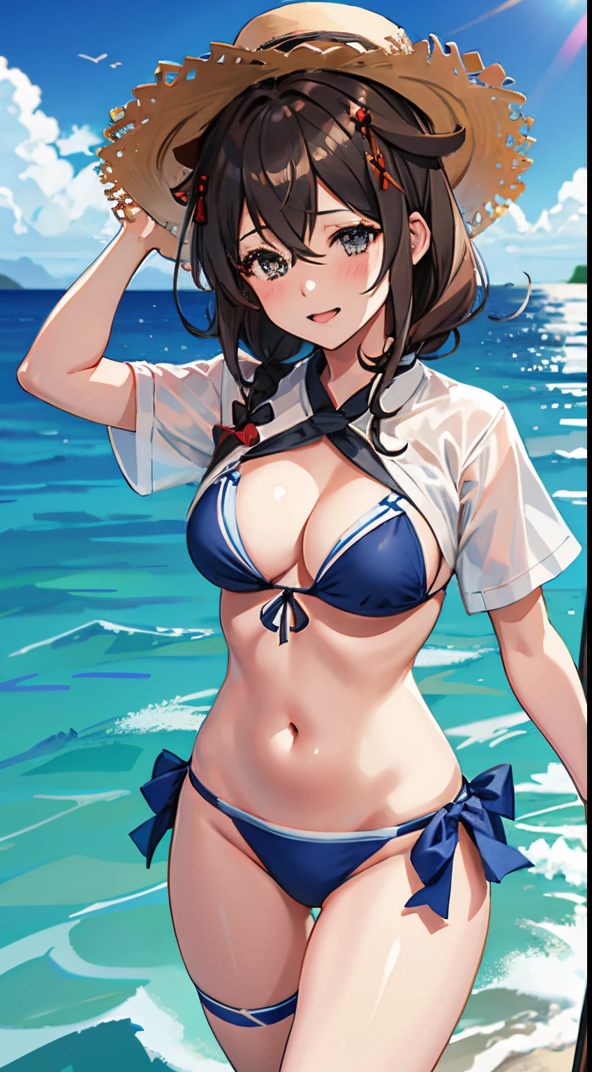 Shigure Kai 3 KanColle Bikini Shirt Ribbon Straw Hat Standing Seaside 8k High Definition