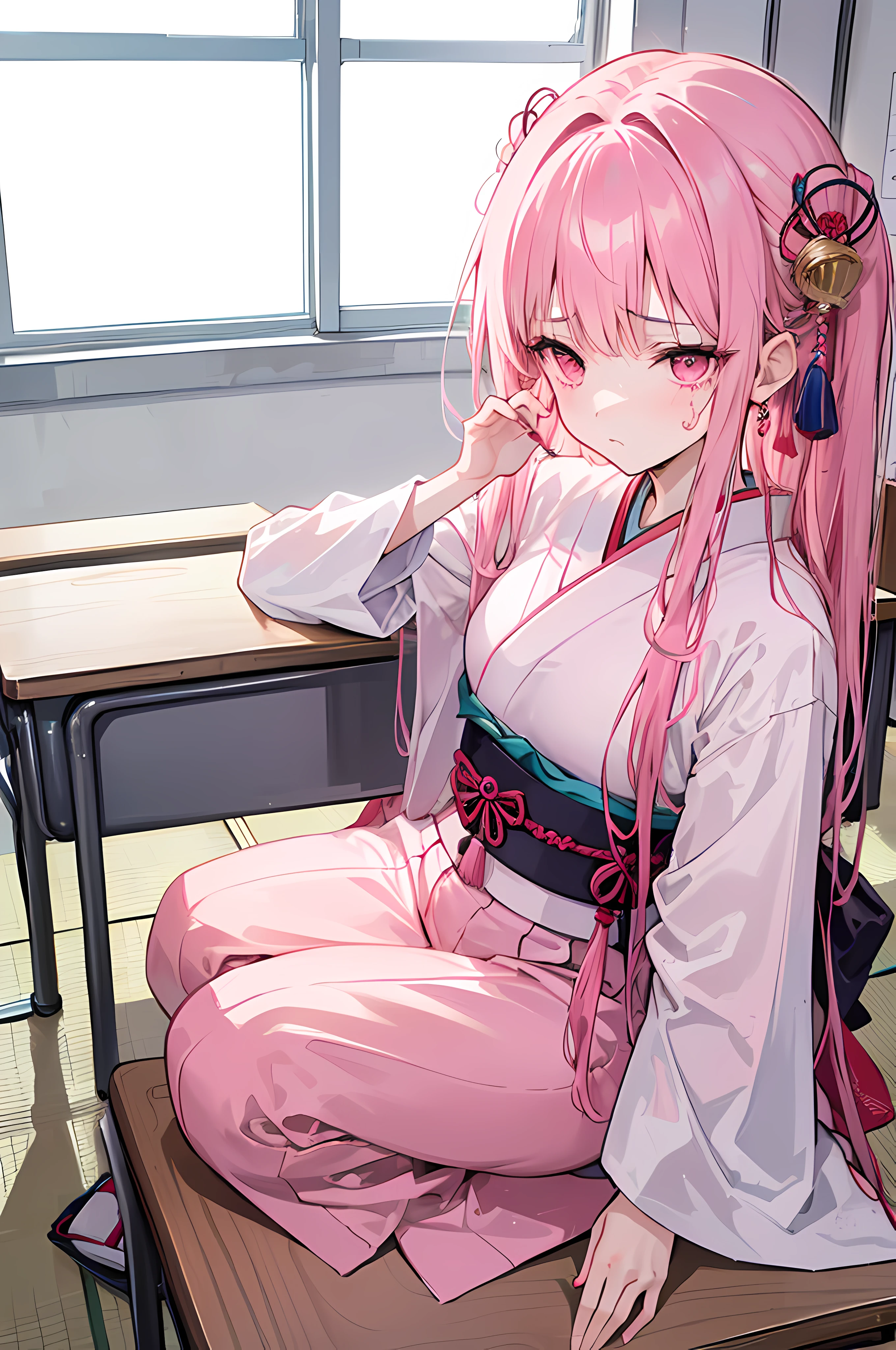 1 girl, Alone, Long gray hair((The hair  pink)), a pink eyes, 校服((Japanese style)), vague background((Japanese-style classroom)), looking at viewert((facial expression of sadness))