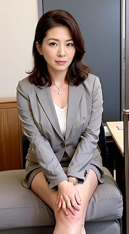 (((1 Japanese 65-year-old woman))), ((Sagging under the eyes)),(((nasolabial folds))),独奏,masutepiece, Best Quality, Photorealsitic, super detailed skin, Sharpen, Perfect Anatomy,Inside the city,Anatomy,独奏,Longhaire,((old body)), Sagging udder) (thick waist),(flabby body)(,Plump body),bunk butt,Serious look,Mature AV Actress, glamor, A sexy,(((Fair skin with many wrinkles))),small diamond necklace,(((Gray Office Lady Suit))),skirt by the,(Black high heels),Staring at this,