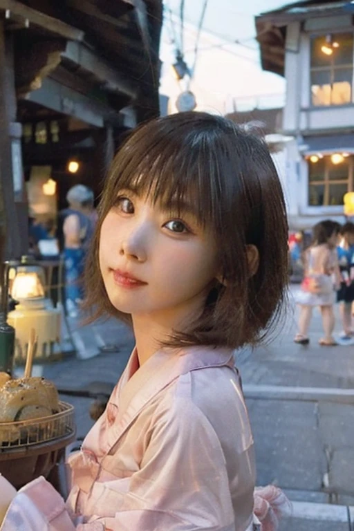 Female, 22 years old, 17mm ultra wide angle、Portrait of a freckle teacher、Life on the streets of a modern city:white  shirt、Slate atmosphere、brightly lit room、35 mm film、movie、faded colors、Dark shots、Soft colors、Grainy film、lut、insane detail、intricate-detail、ultra-detailliert、a closeup、Masterpiece of twilight, top-quality, ultra-detailliert, illustratio, omatsuri, food stand, 1girl in, beautidful eyes, looking at the viewers, from the rear, cowboy  shot, Looks Back, bath robe, The tree, plein air, Wagas, Walking, Large crowds, natta, lanthanum, matsuri, foods, paved, crosswalk, lanthanum, streetlights, brown haired, nigh sky,soft portrait shot 8 k, Portrait of Japan twenties,Cute Portrait, portrait cute-fine-face, Color photo portrait 4k, soft portrait,