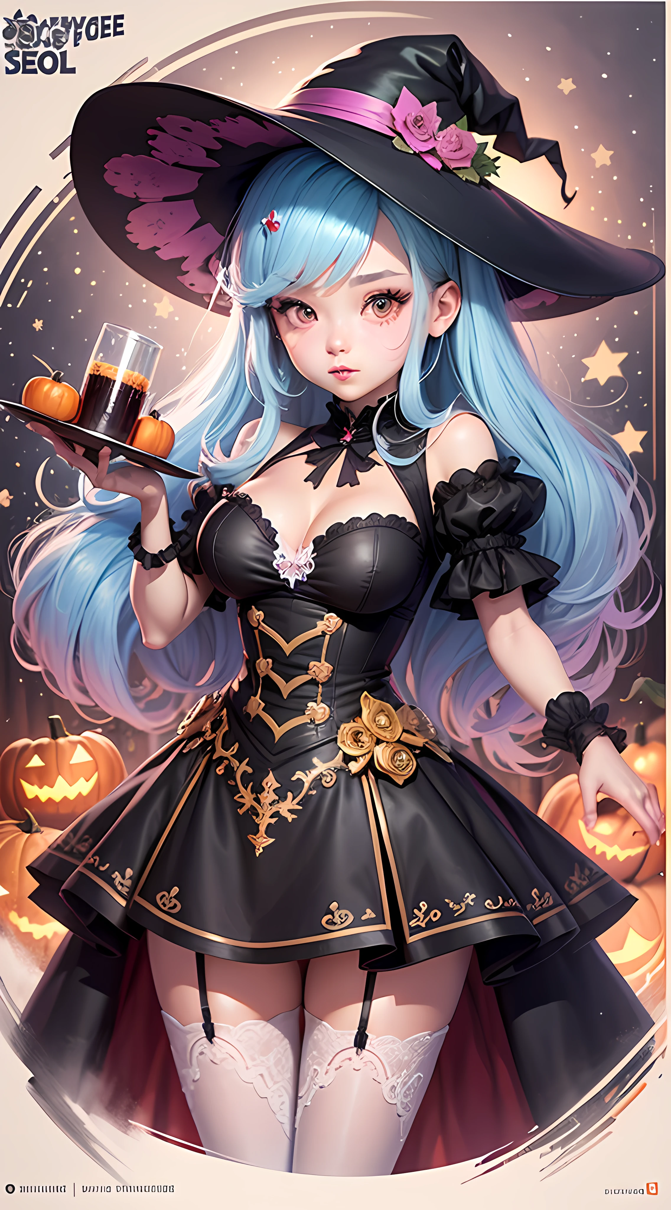 Illustration of a cute witch named Lola , Cute pumpkin, halloween, creepy tree, Manhwa Style, kawaii, Black, The purple, Pink, soybean,  Detailed frequency, Cute big breasts, kawaii, Chibi, Manhwa Style, illuminations, vintagestyle,  Epic Light, Fantastical, Fantasyart, Watercolor effect, bokeh, Adobe Illustrator, handpainted, digitial painting, low poly, retro aesthetic, focus on the character, 4K分辨率, using Cinema 4D, white outline, vivid printing, watercolor paiting, illuminations, 4K, Manhwa Style, Detailed binder, Detailed potion, tim burton christmas eve
