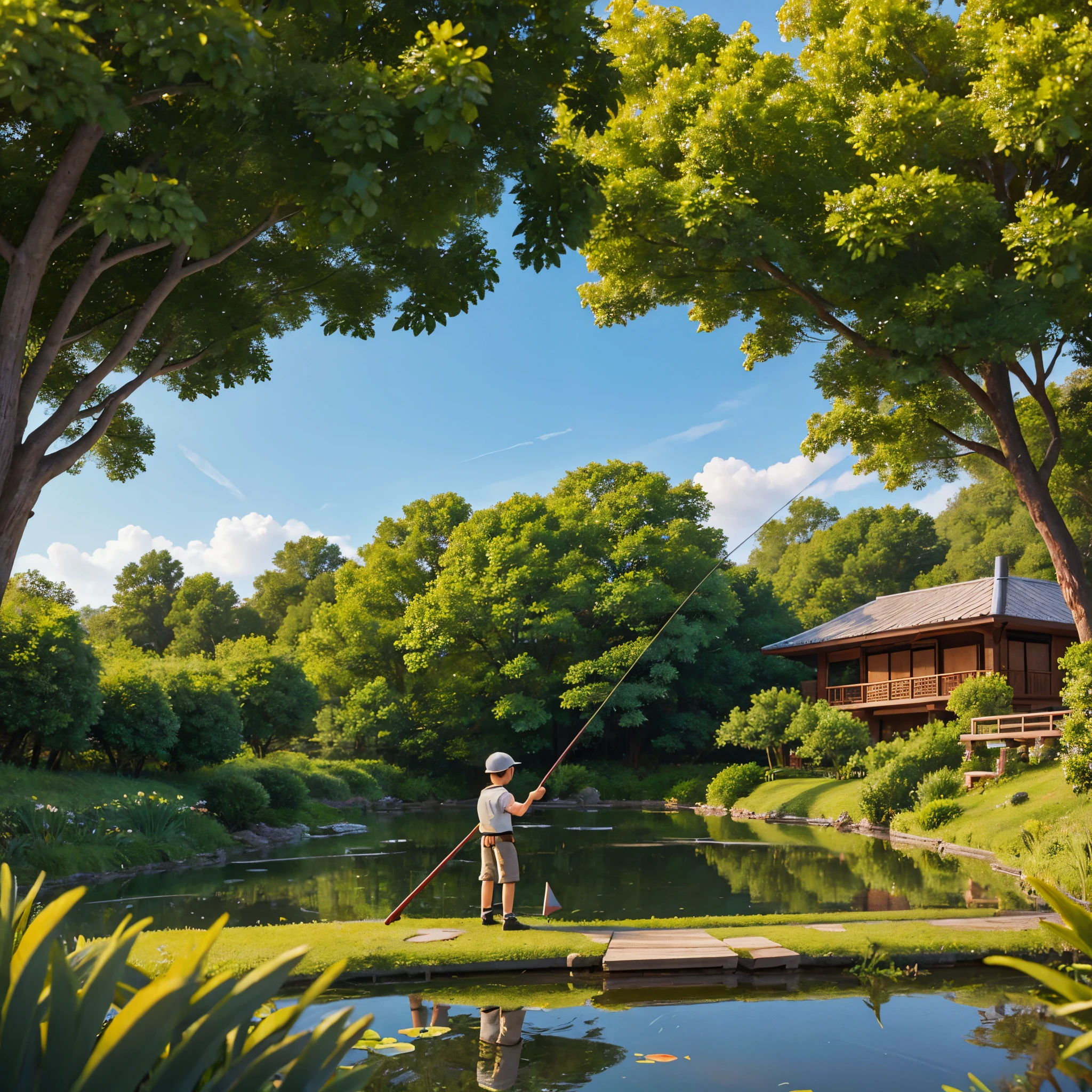 boy fishing on fishing pond at the restaurant and add teks "AE 88"