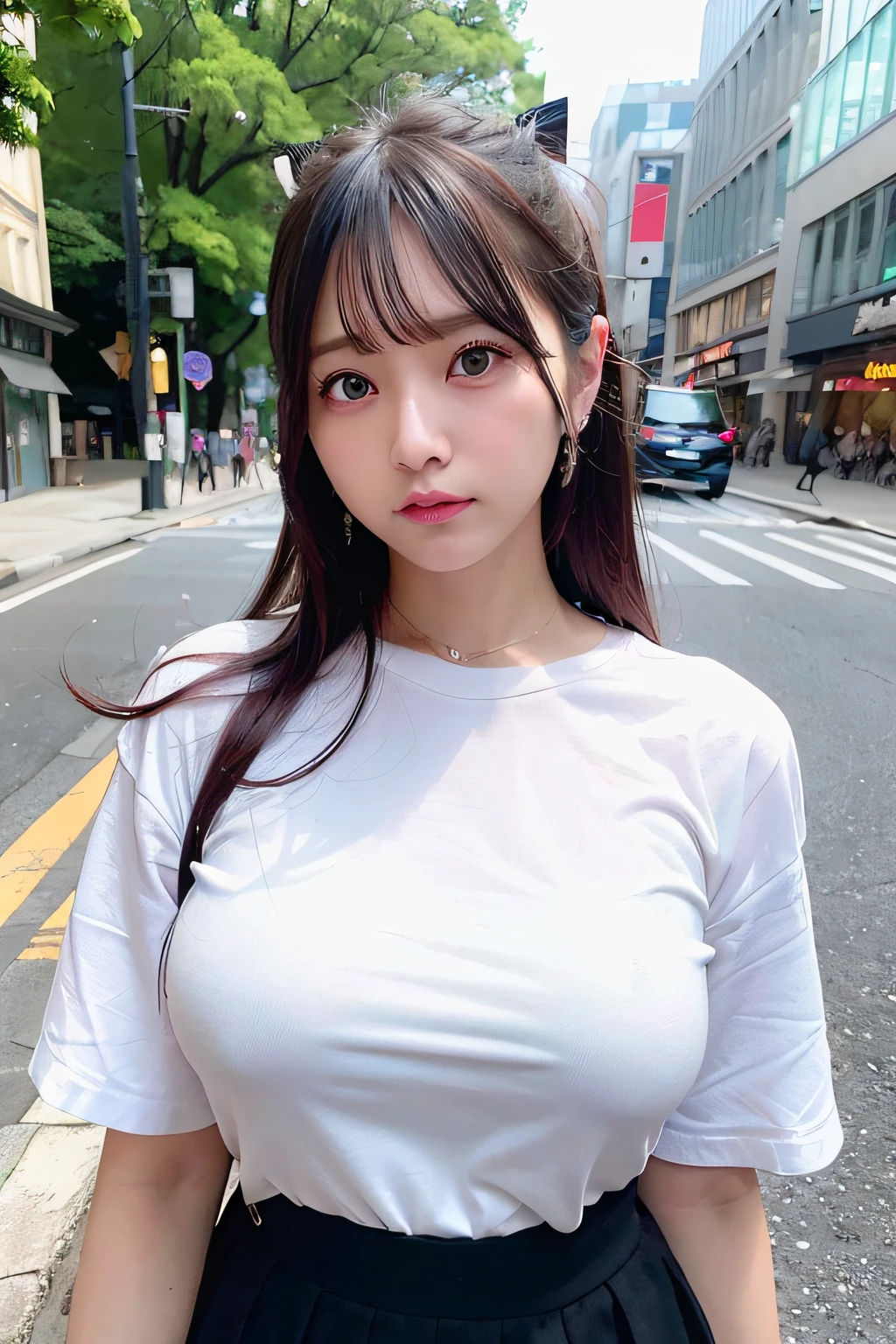 top-quality、超A high resolution、(Photorealsitic:1.4)、女の子1人、white  shirt、Black tight skirt、pierced ash gray hair:1)、(huge-breasted:1.2)、looking at viewert、a closeup、in a street, natta, Neon light,