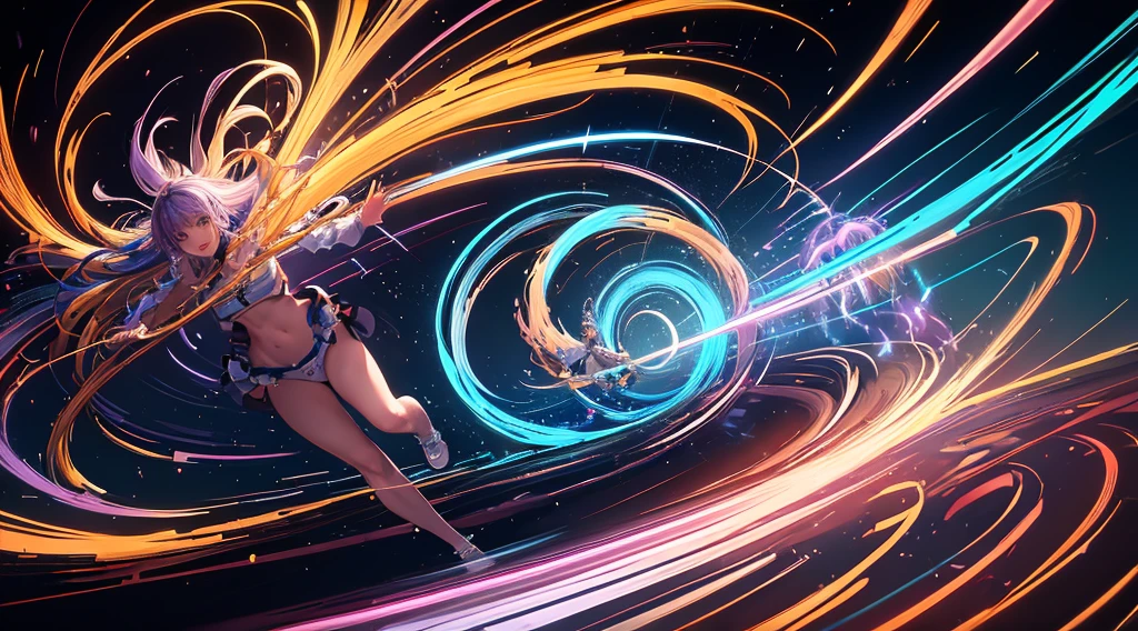 (masterpiece, best quality:1.4), light painting, (long exposure:1.2),dynamic streaks, luminous trails, vibrant colors, fluid movement, captivating patterns, creative experimentation,(1girl),(highest detailed),(cowboy shot:1.2),dynamic pose