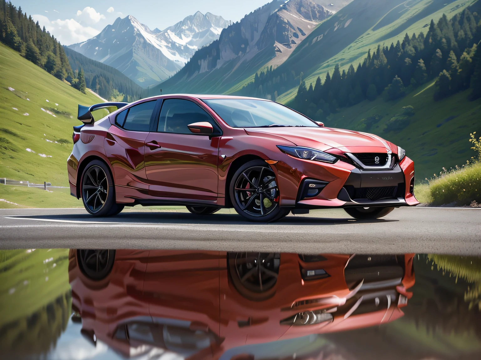 Reflected in a beautiful woman and car、超A high resolution、An ultra-high picture quality、8K、Wonderful expression with attention to detail、early summer valley、beautiful fresh green、A bright red sports car parked on a mountain pass.Nissan Pulsar GTS-r sports 5 door coupe