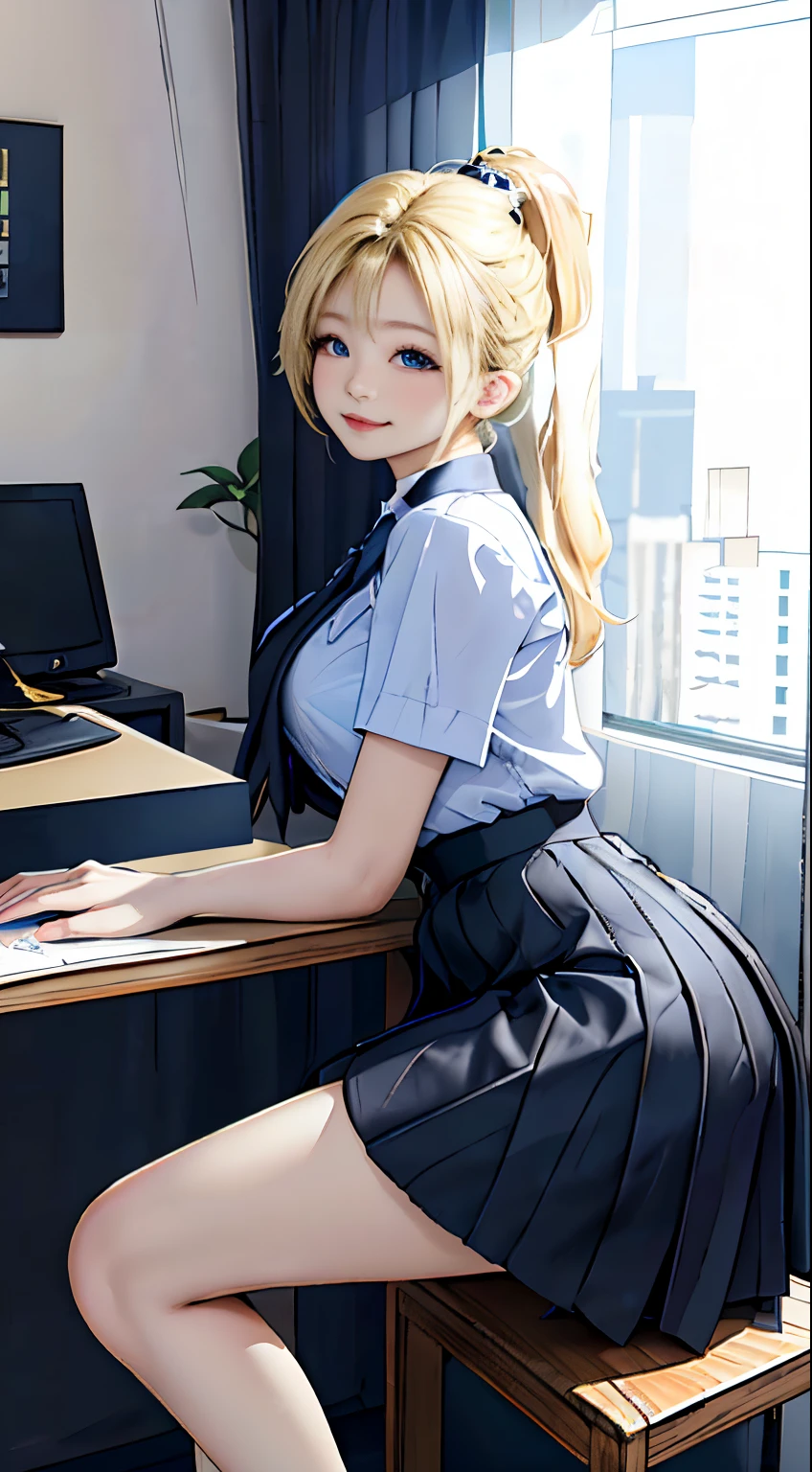 high high quality，Best quality，tmasterpiece，8K，Hyper Real，hoang lap，1 Korean girl，Office room，blonde with blue eyeuisness suit，Pen holder skirt，standing on your feet，Keep your legs straight:1.1，blush blush，pony tails，，sitted，(Open the entire hanger，flirty skirt:1.1)，A sweet smile