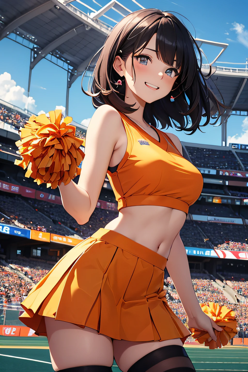 very cute and beautiful cheerleader girl,(highly detailed beautiful face),(holding pom poms:1.1),(smile:1.3),happy, (stadium stands),cowboy shot,dynamic pose,(sleeveless orange cheerleader shirt),beautiful legs,(looking back,from behind), looking at viewer,black hair,hair band, (best quality,masterpiece),absurdres,highres,ultra-detailed,extremely detailed,32k,8k resolution, intricate details,cinematic scene,detailed background,solo,dynamic angle, hair fluttering in the wind,beautiful detailed sky,realistic,