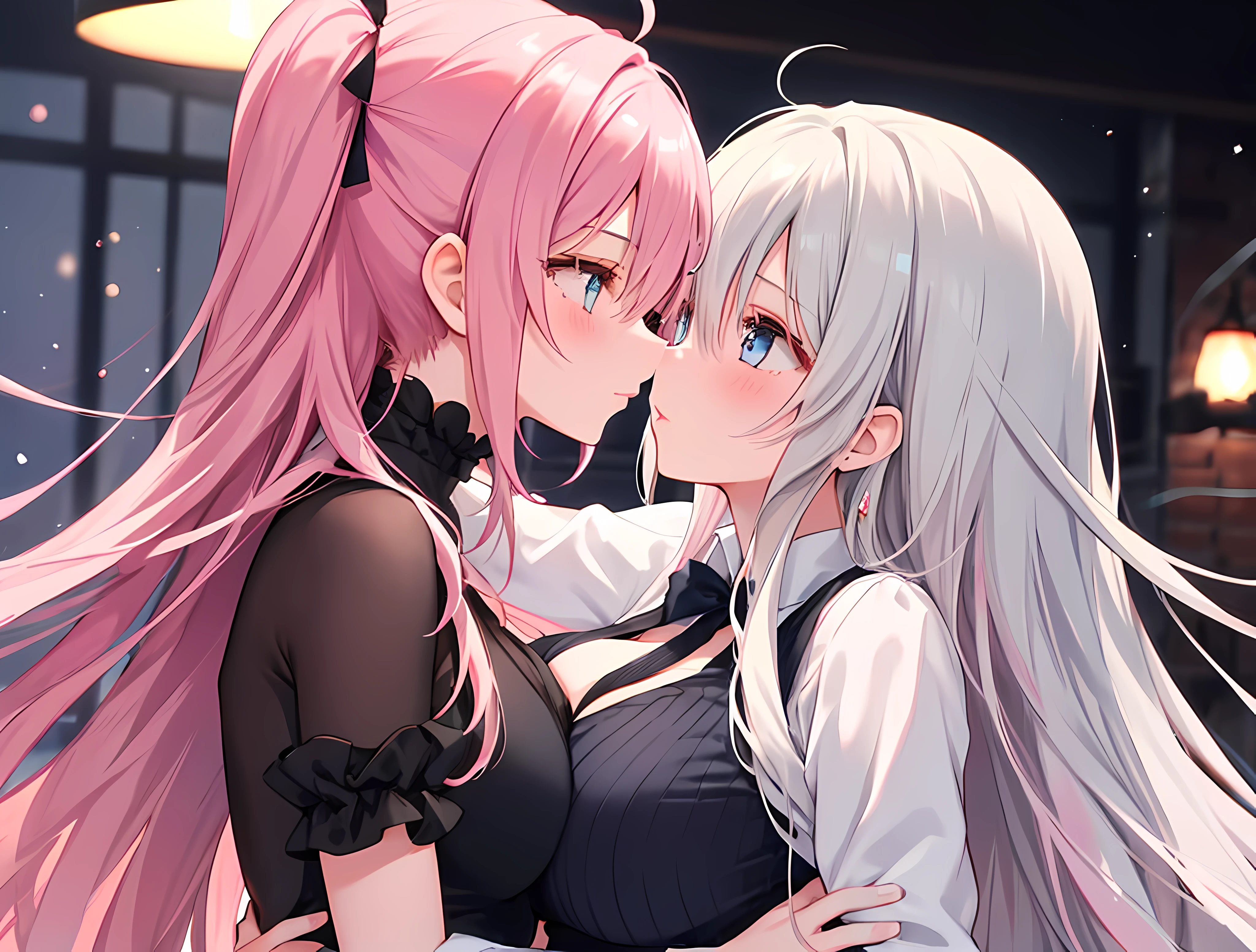 2  girls，Girl1：，Cute big breasts，pink haired one，Long gray hair，girl 2：Blonde hair，Long gray hair，kisses，caressing eachother&#39;nedium breasts